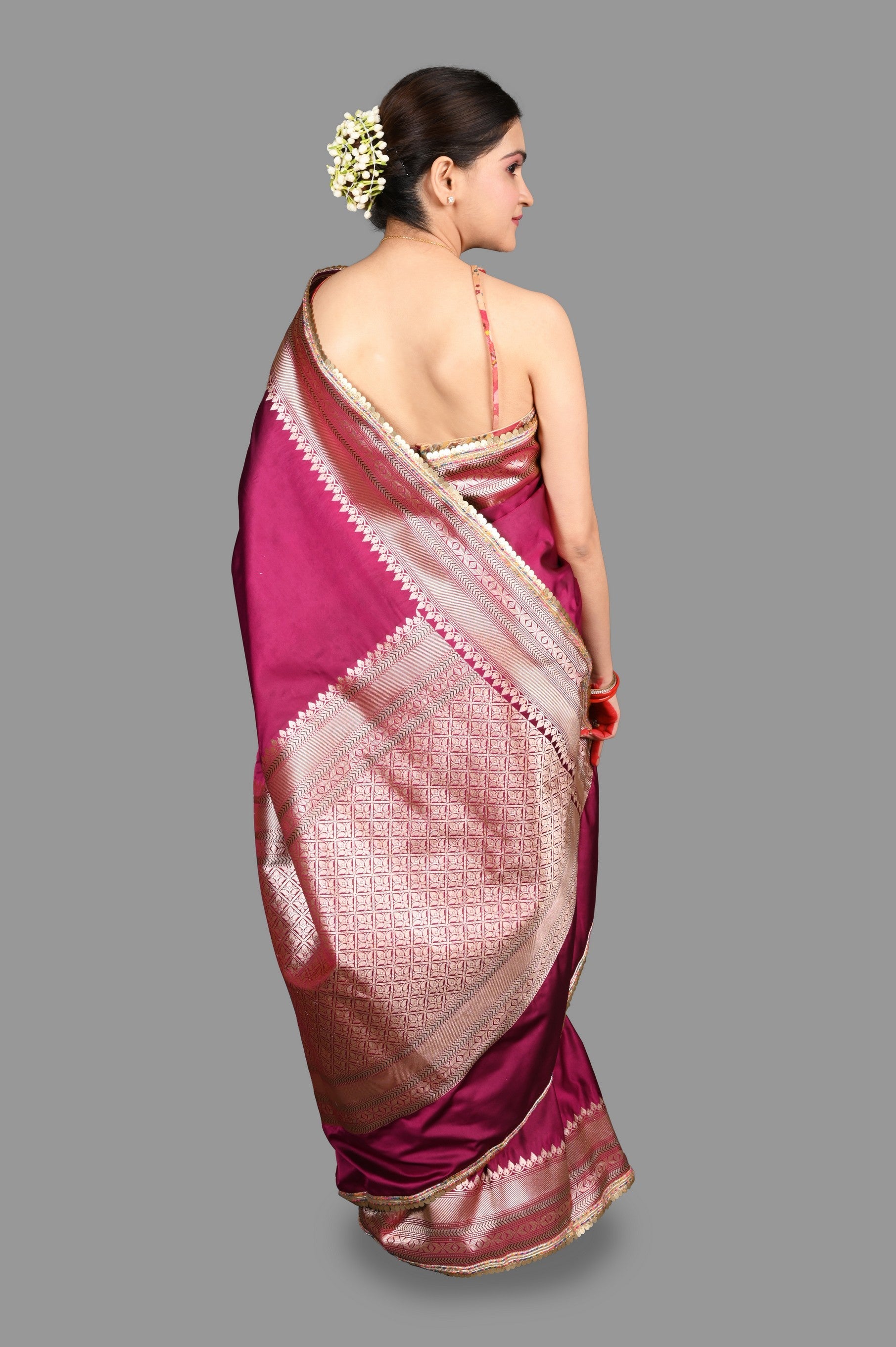 Hot Pink Kanjivaram silk Banarsi Handloom Saree - Plain