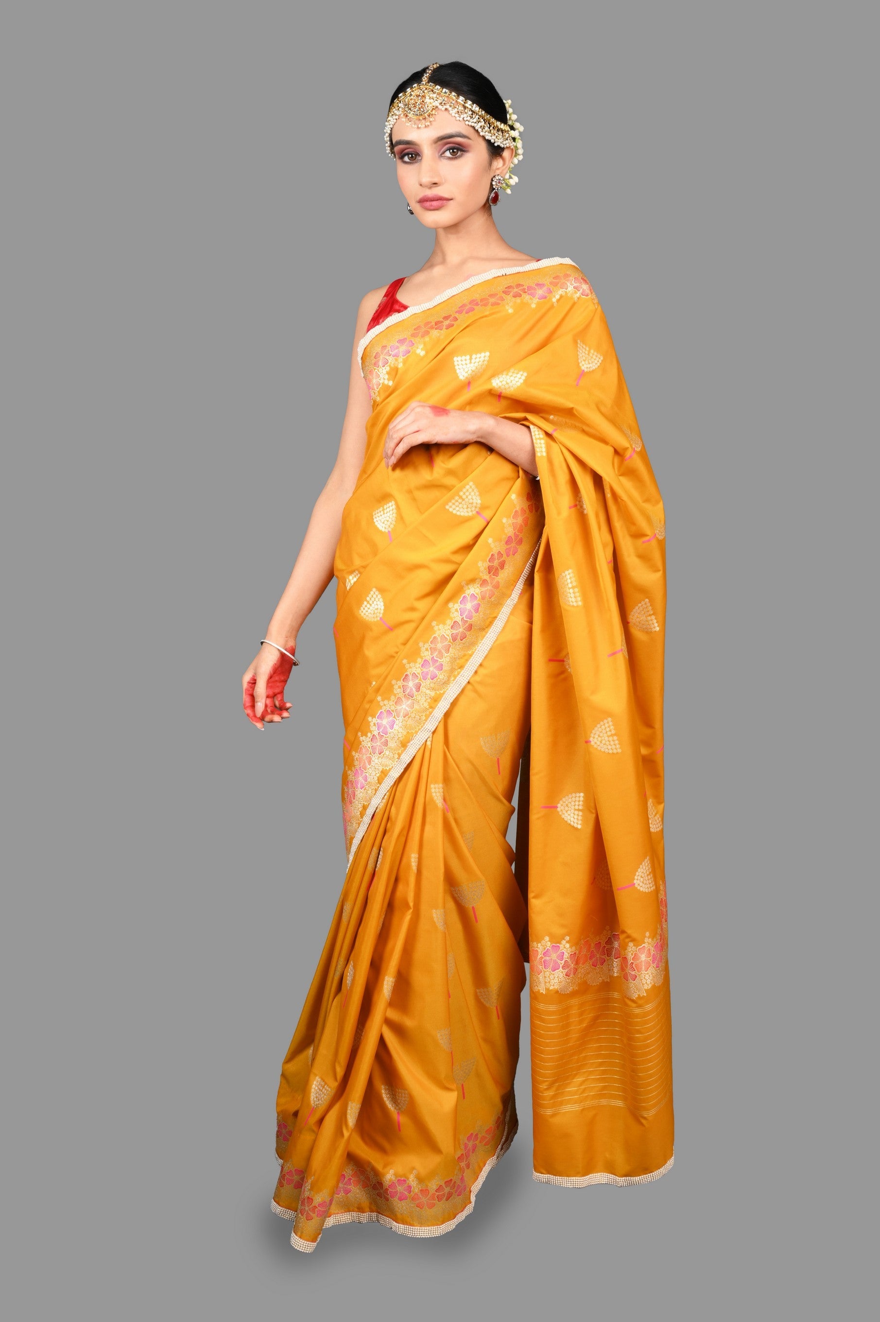 Mustard Yellow Pure Silk Banarasi Handloom Saree with Pearl work