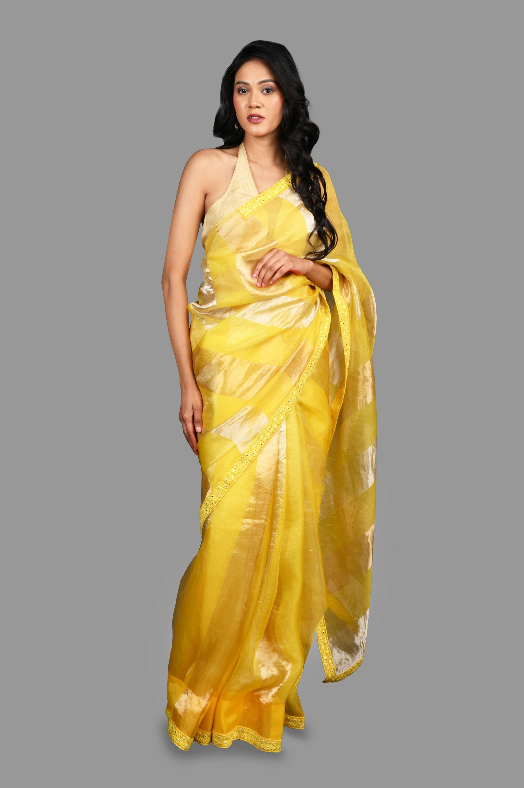 Lemon yellow Pure Organza Silk Stripe Zari Saree