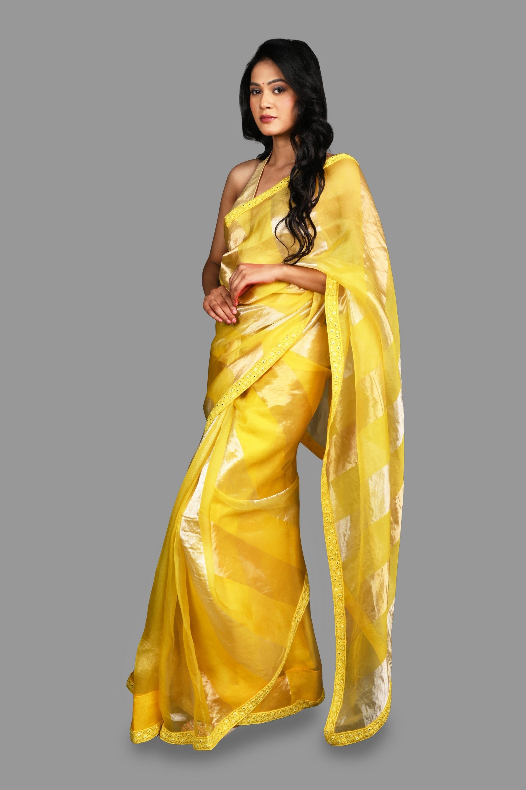 Lemon yellow Pure Organza Silk Stripe Zari Saree