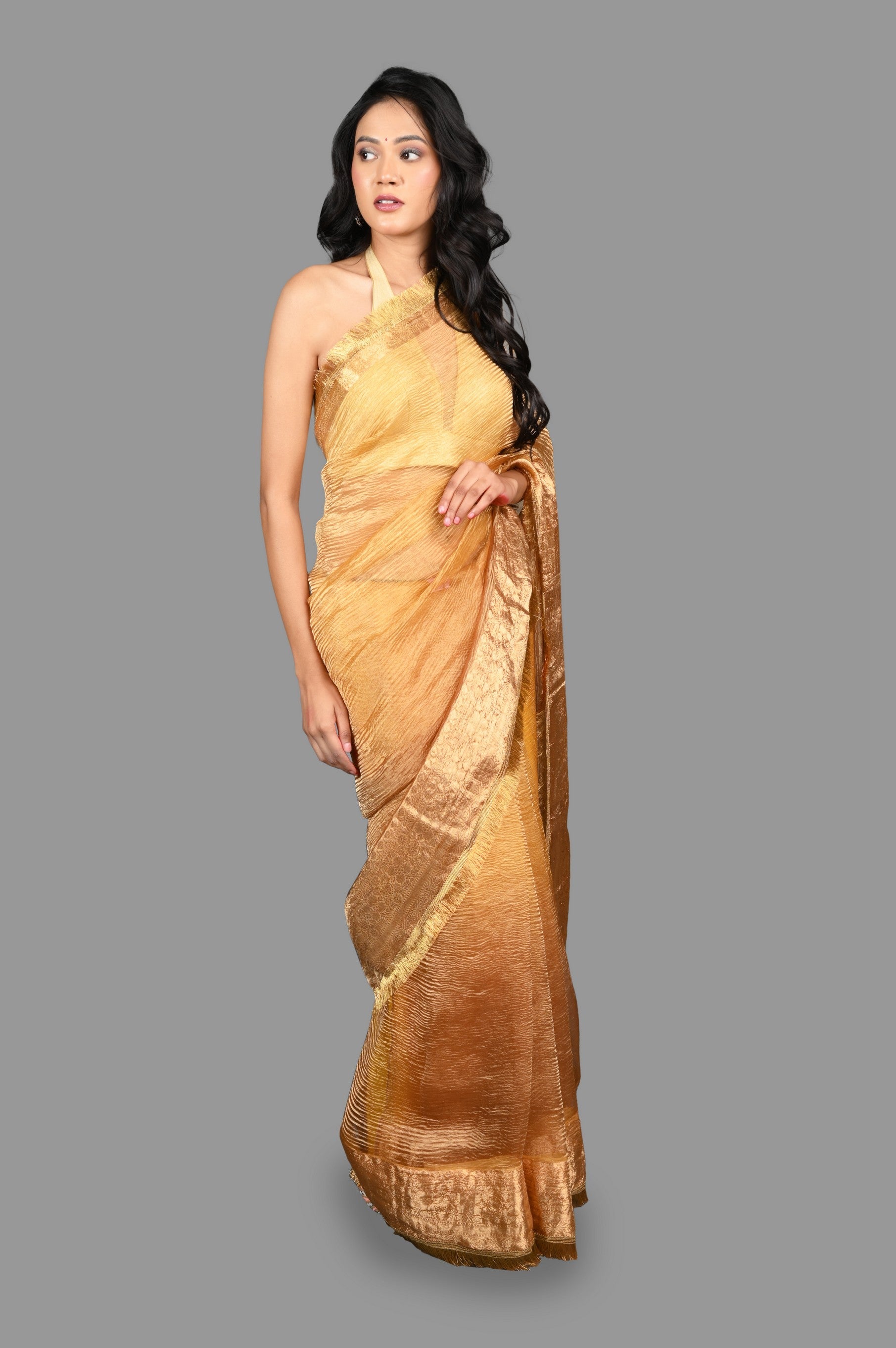 Golden Crushed Pure Tissue Silk Banarasi handloom Saree
