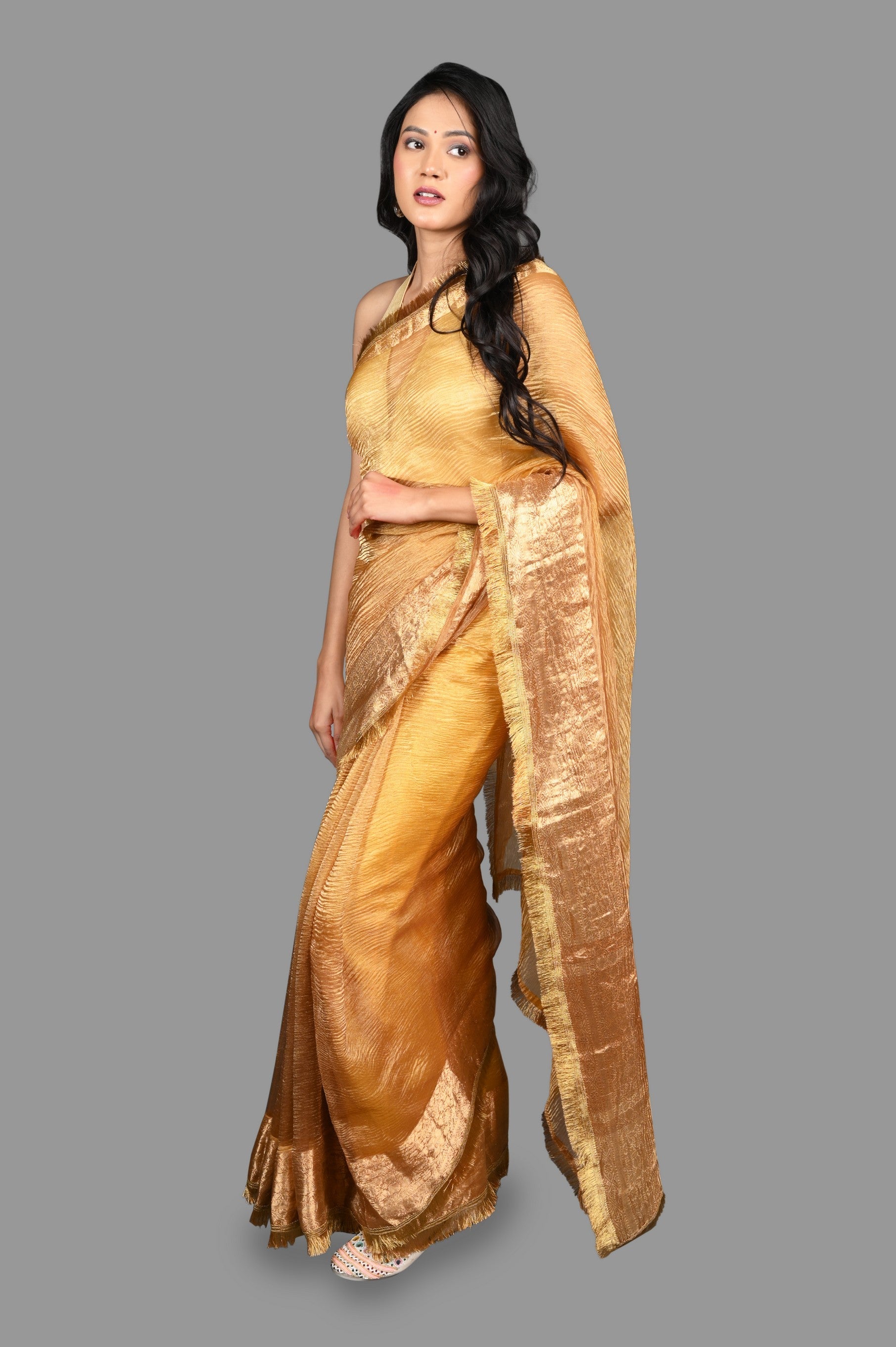 Golden Crushed Pure Tissue Silk Banarasi handloom Saree