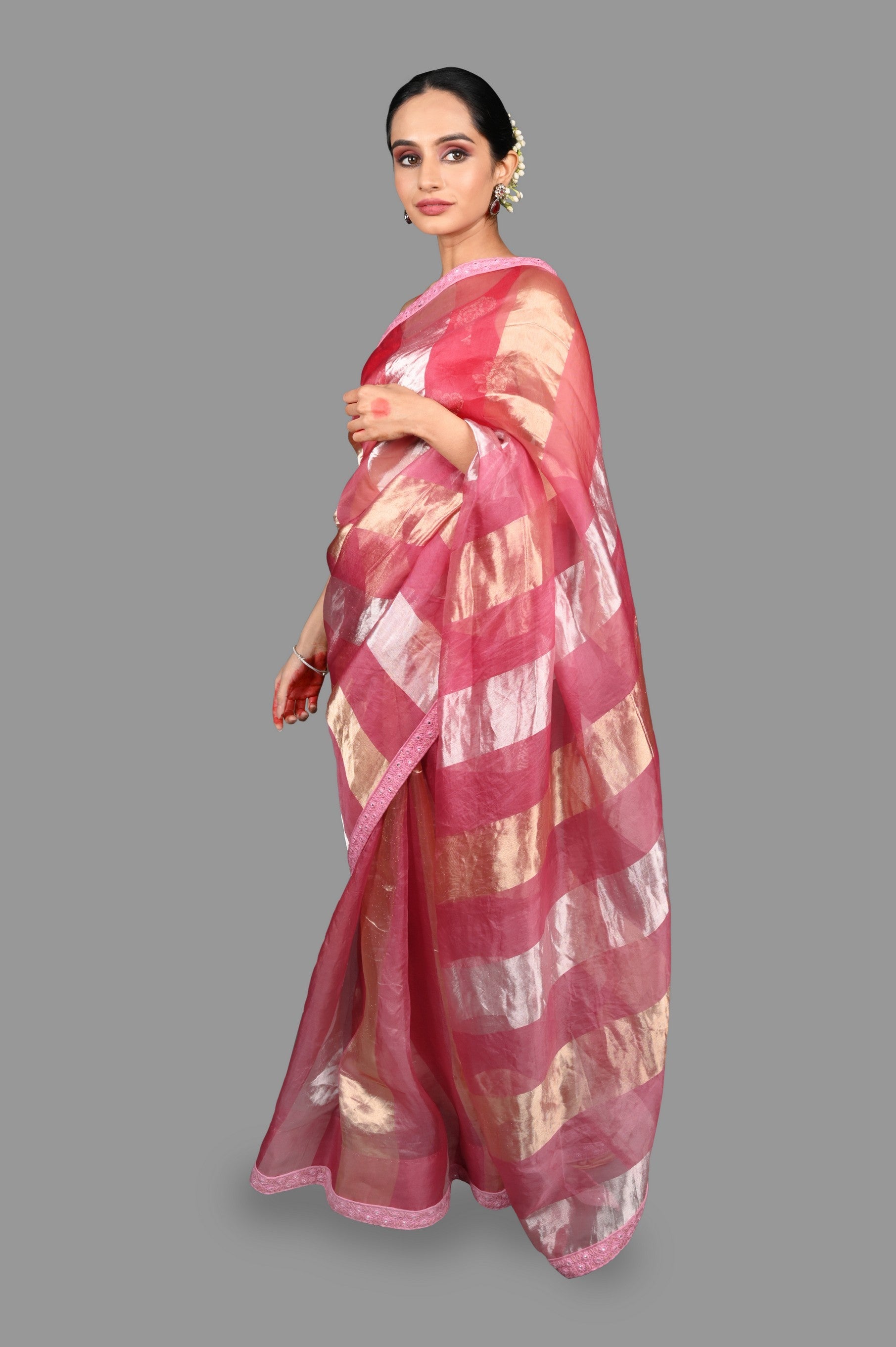 Onion Pink Pure Organza Silk Stripe Zari Saree