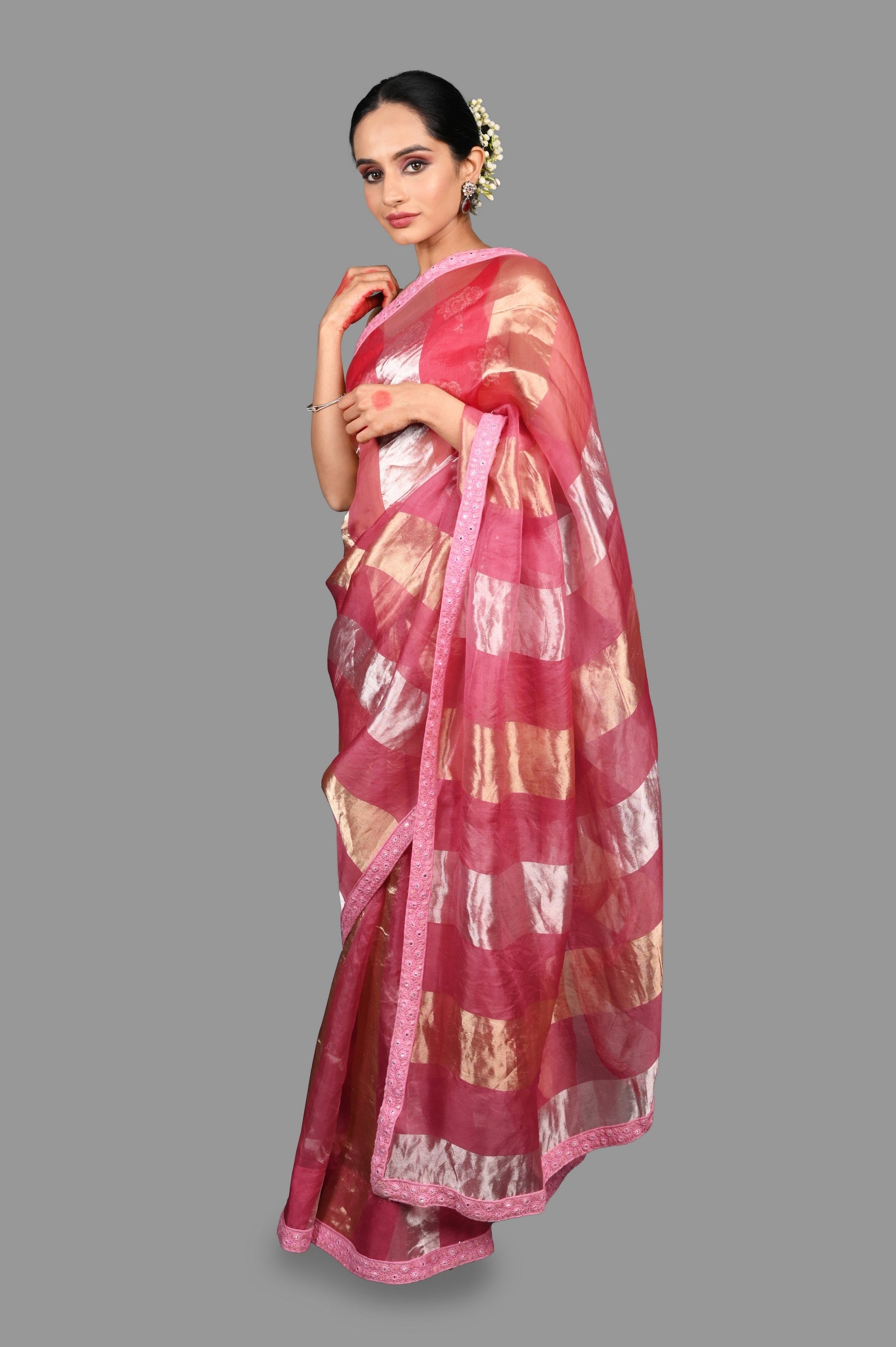 Onion Pink Pure Organza Silk Stripe Zari Saree