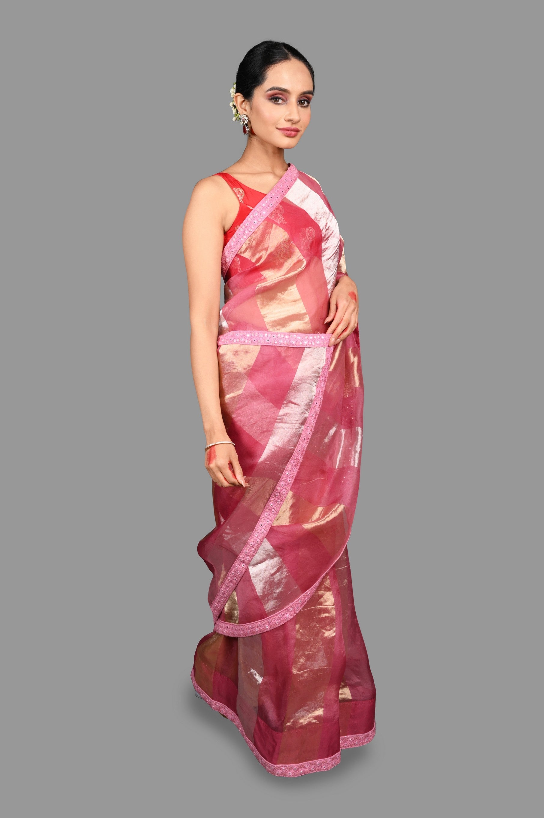Onion Pink Pure Organza Silk Stripe Zari Saree