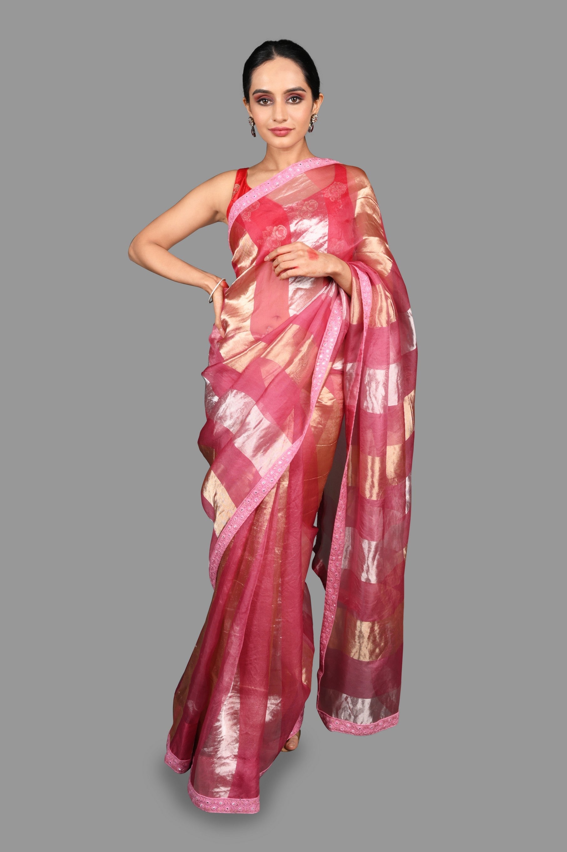 Onion Pink Pure Organza Silk Stripe Zari Saree