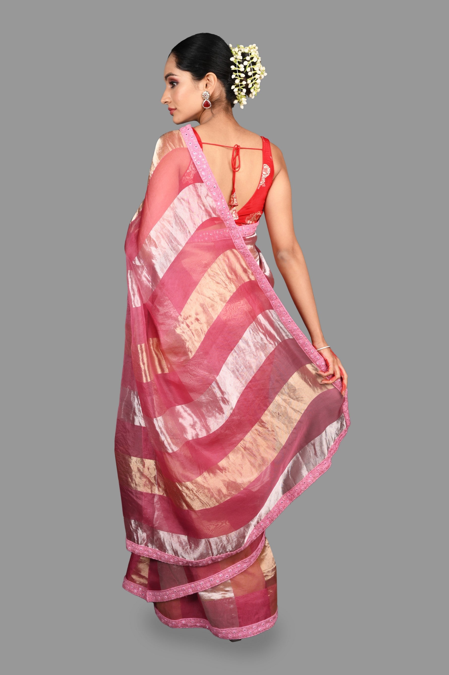 Onion Pink Pure Organza Silk Stripe Zari Saree