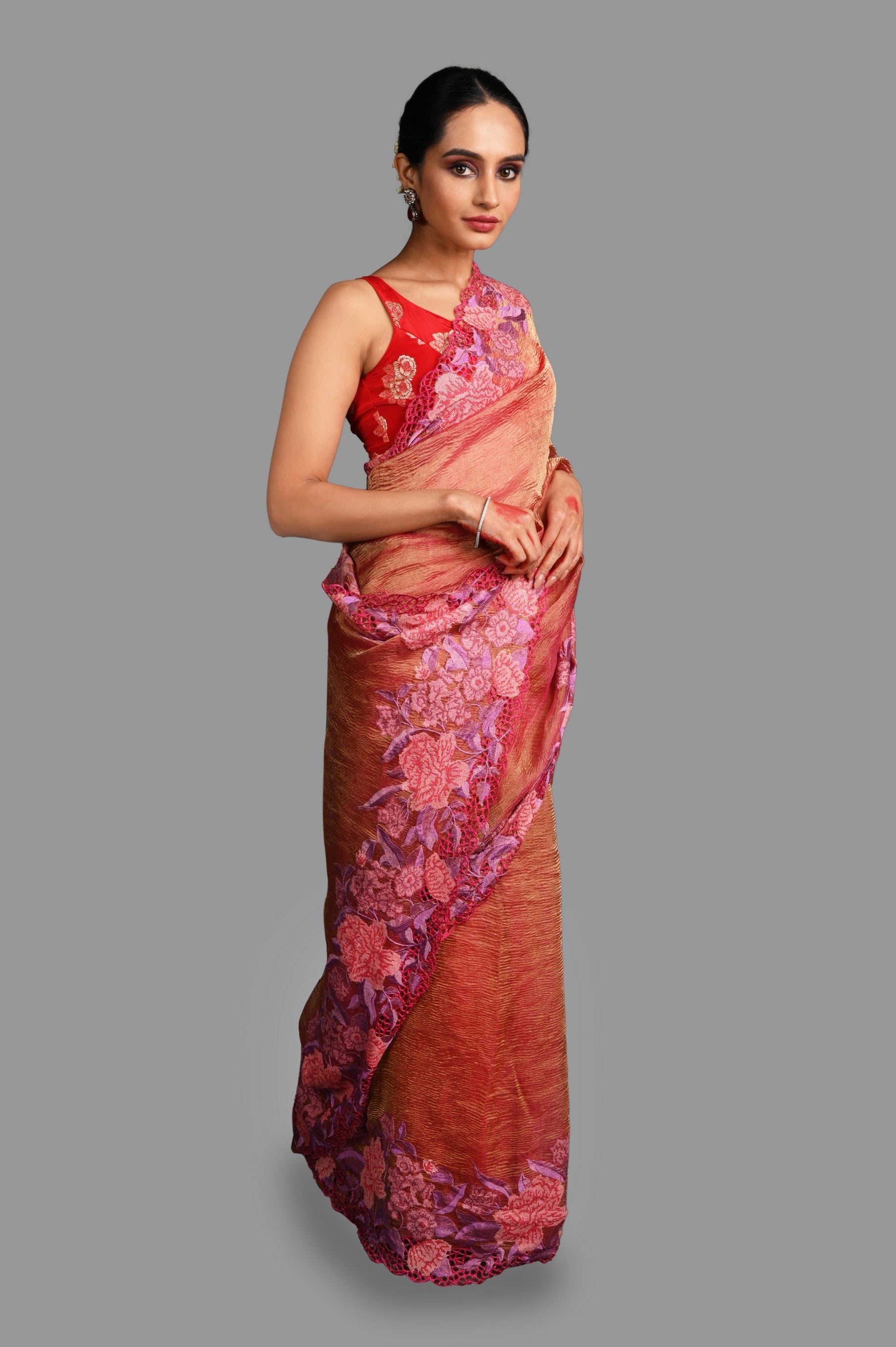Red Pure Tissue Silk Floral Work Banarasi handloom Saree