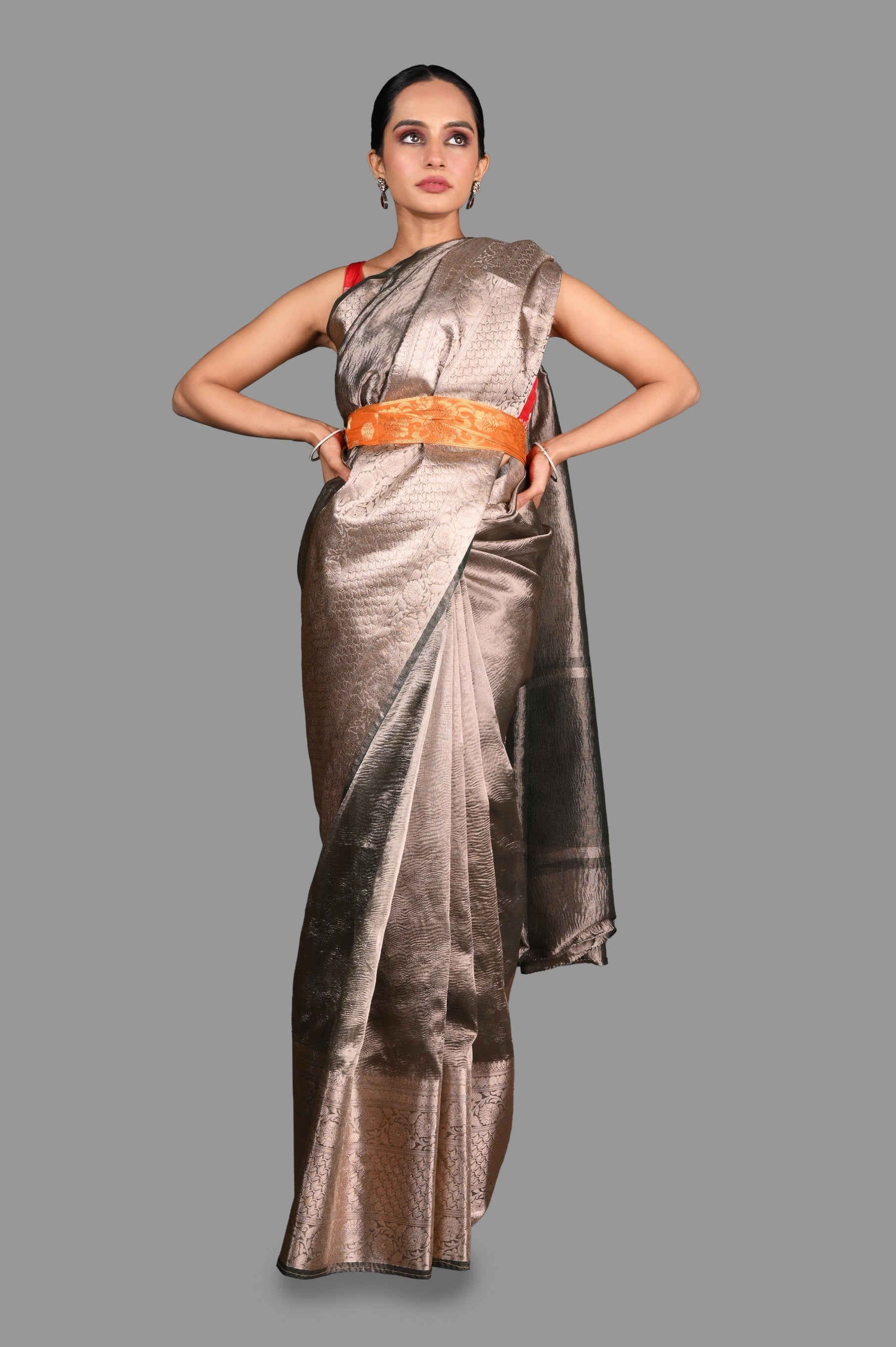 Grey Crushed Tissue Silk Banarasi handloom Saree