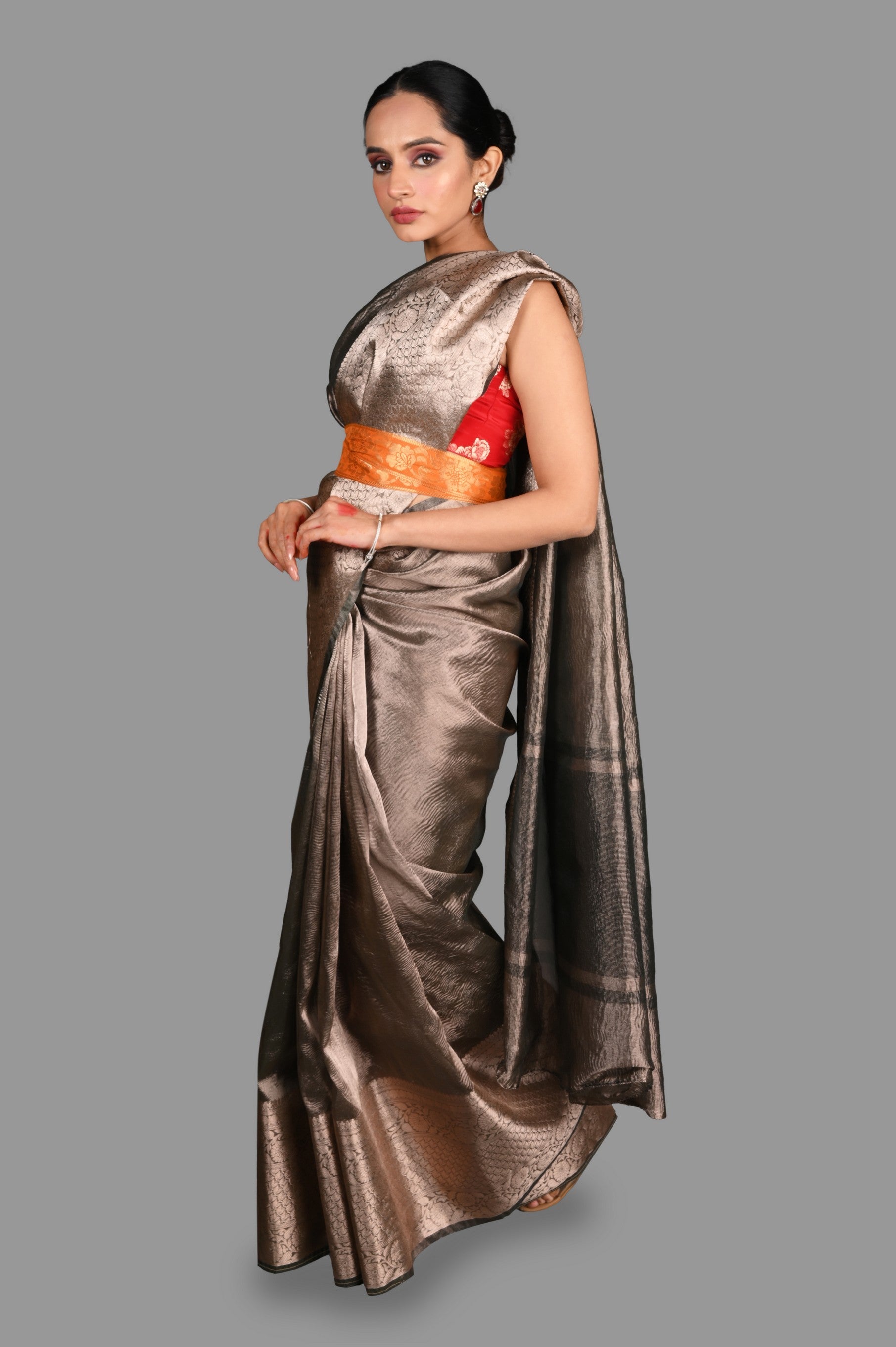 Grey Crushed Tissue Silk Banarasi handloom Saree
