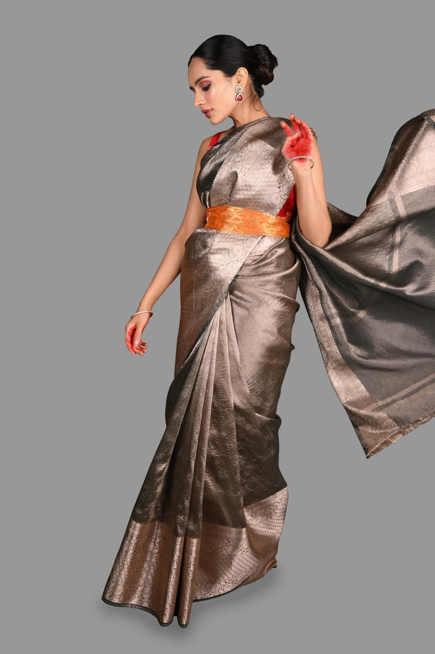 Grey Crushed Tissue Silk Banarasi handloom Saree