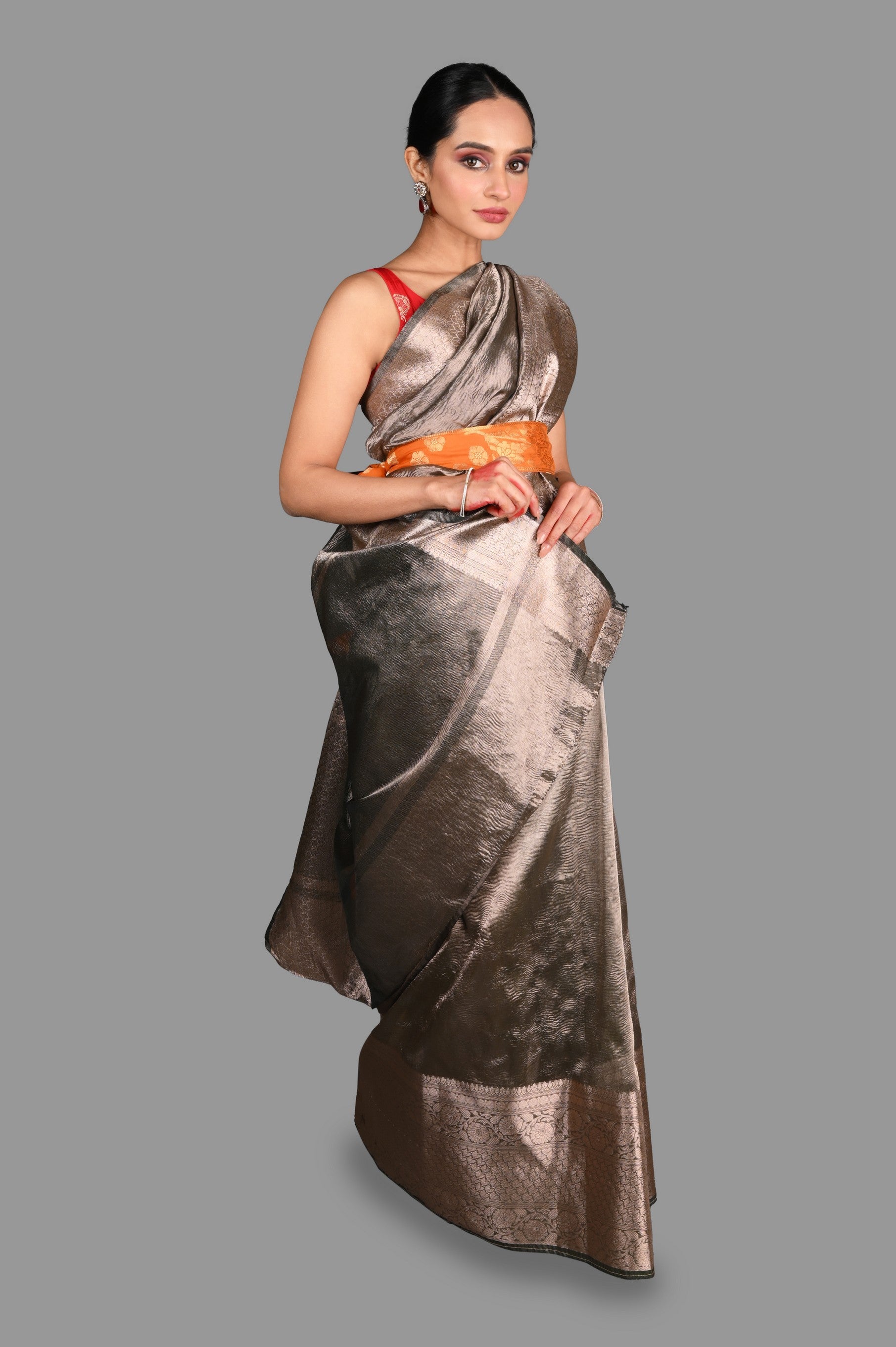 Grey Crushed Tissue Silk Banarasi handloom Saree