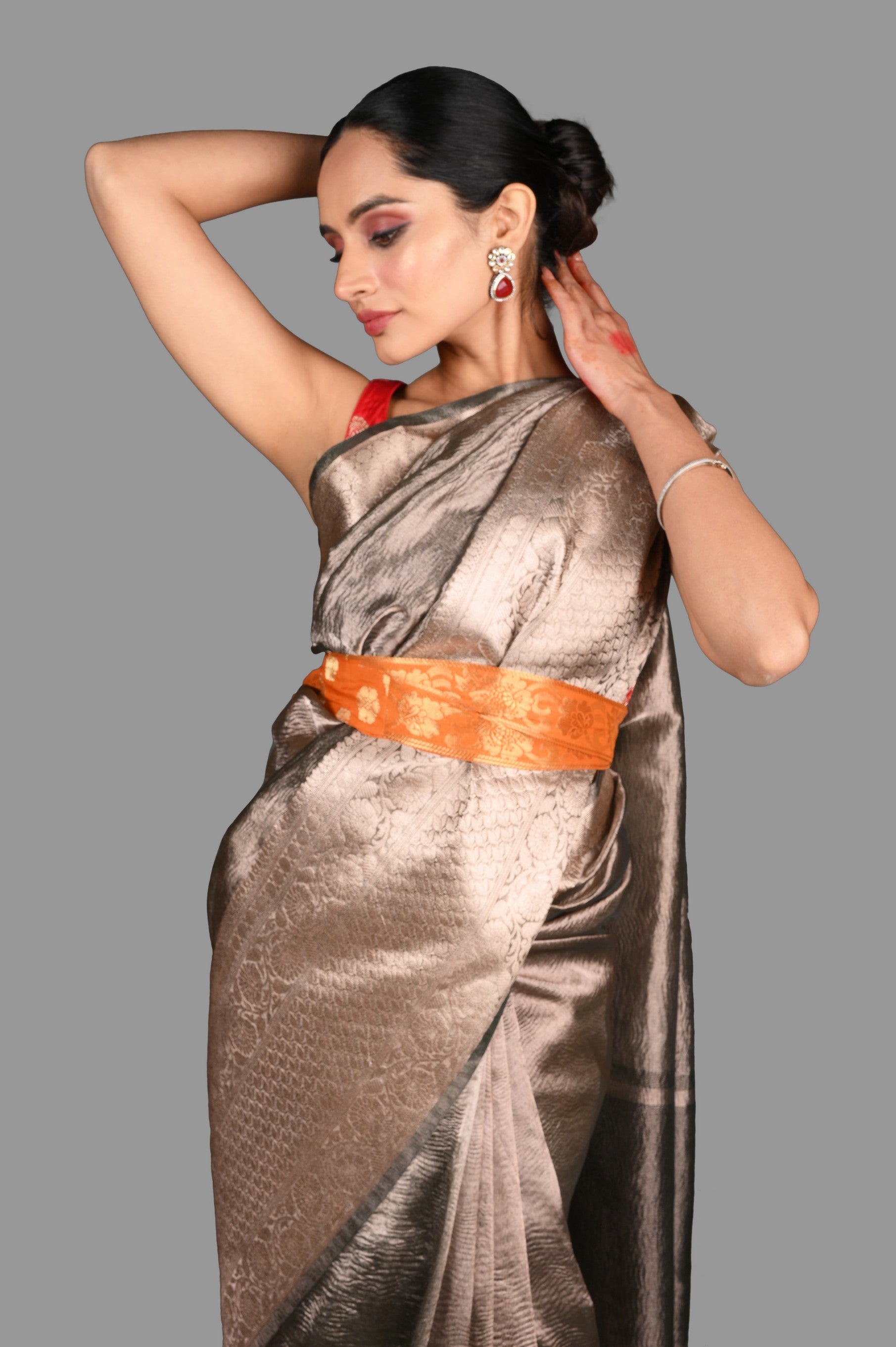 Grey Crushed Tissue Silk Banarasi handloom Saree