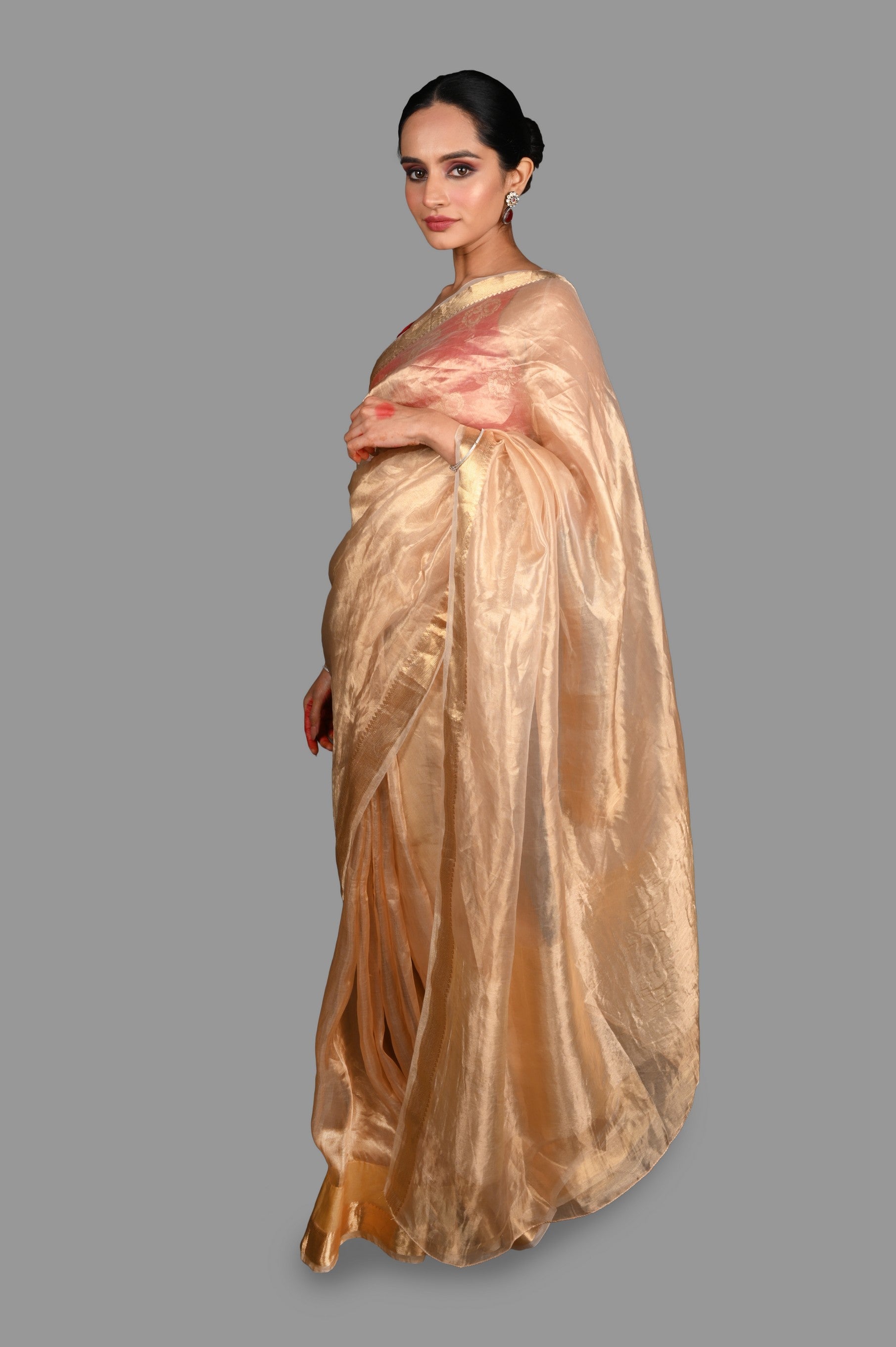 Golden Plain Pure Tissue Silk Banarasi Handloom Saree