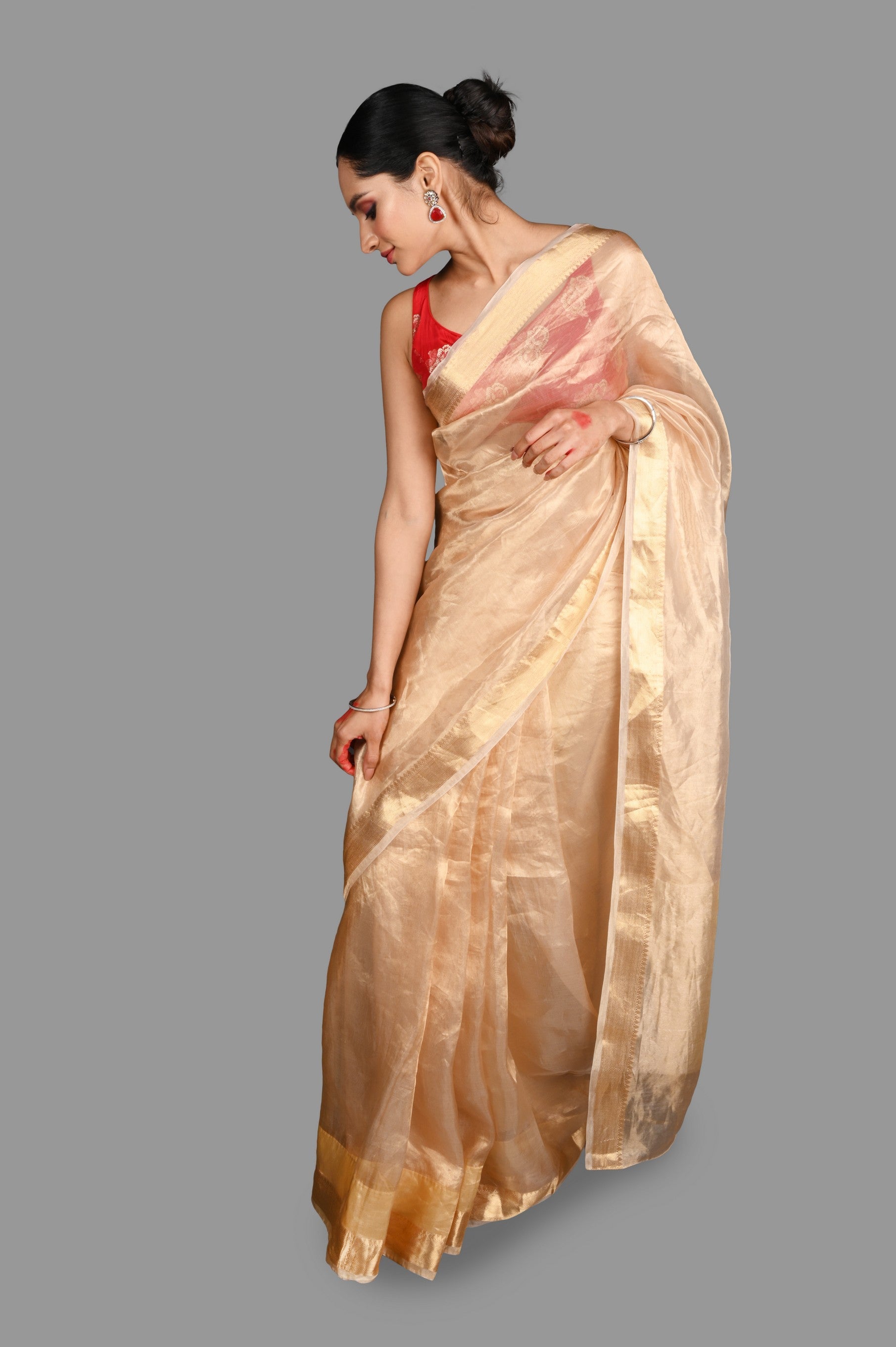 Golden Plain Pure Tissue Silk Banarasi Handloom Saree