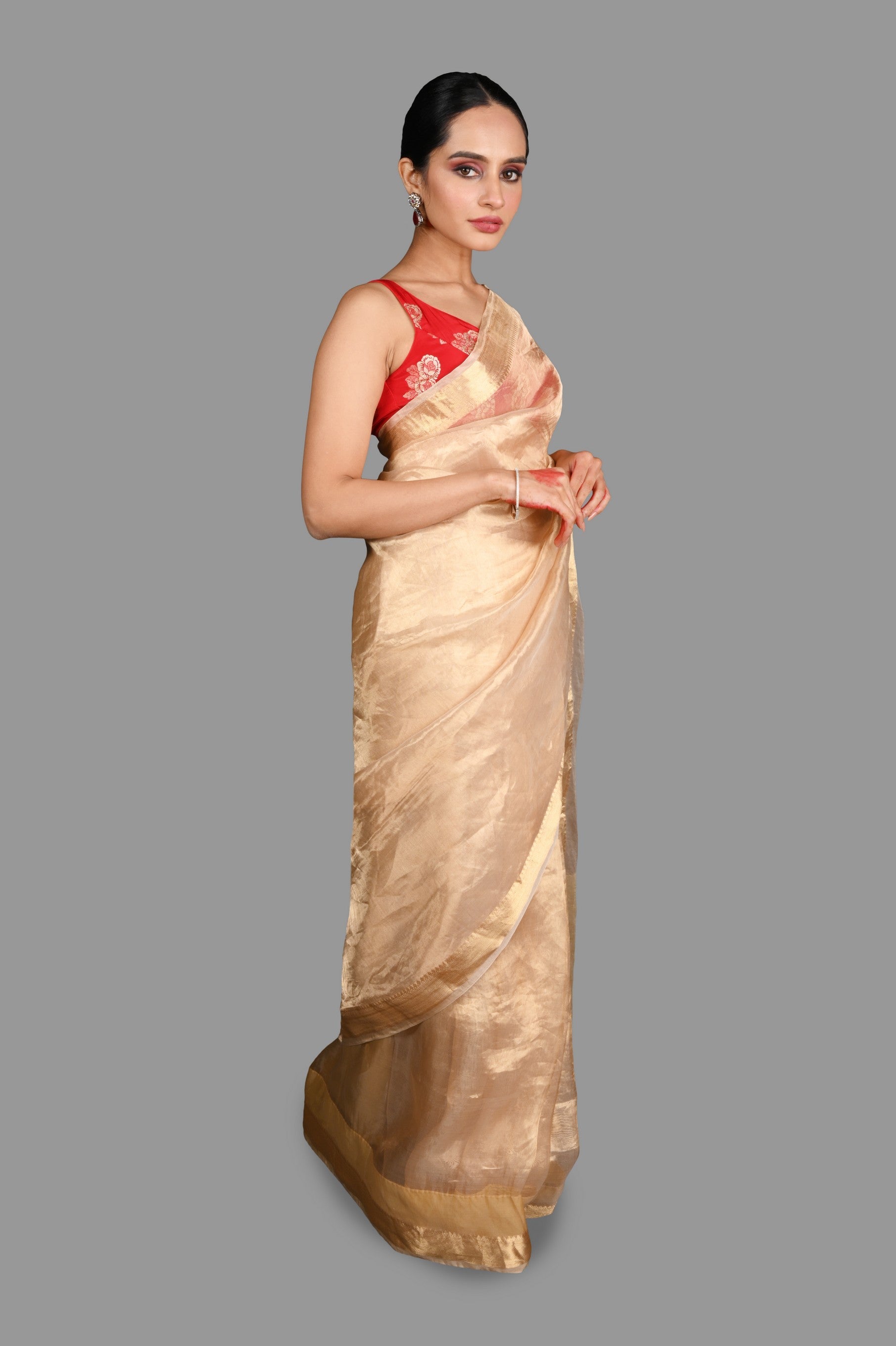 Golden Plain Pure Tissue Silk Banarasi Handloom Saree