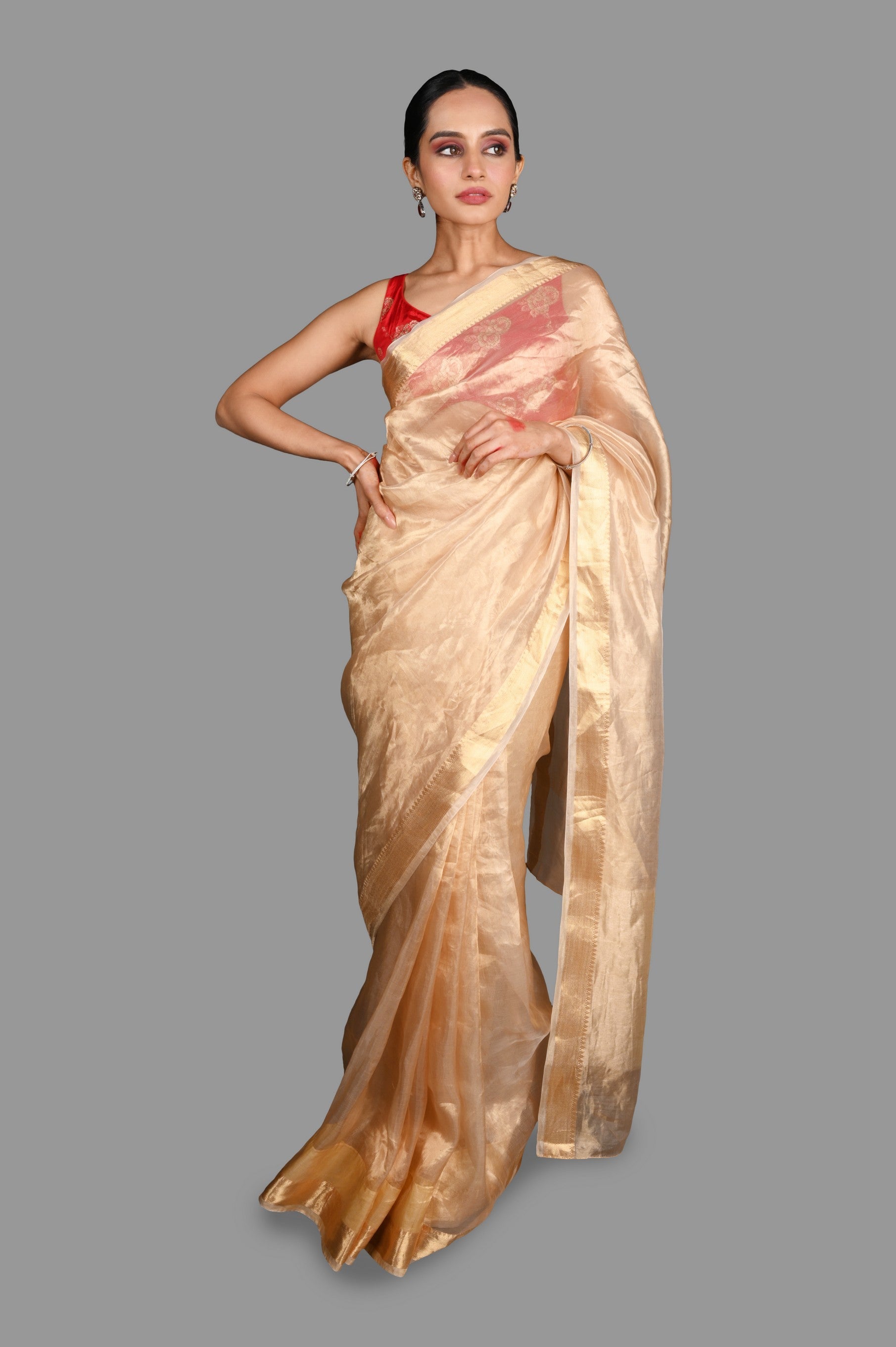 Golden Plain Pure Tissue Silk Banarasi Handloom Saree