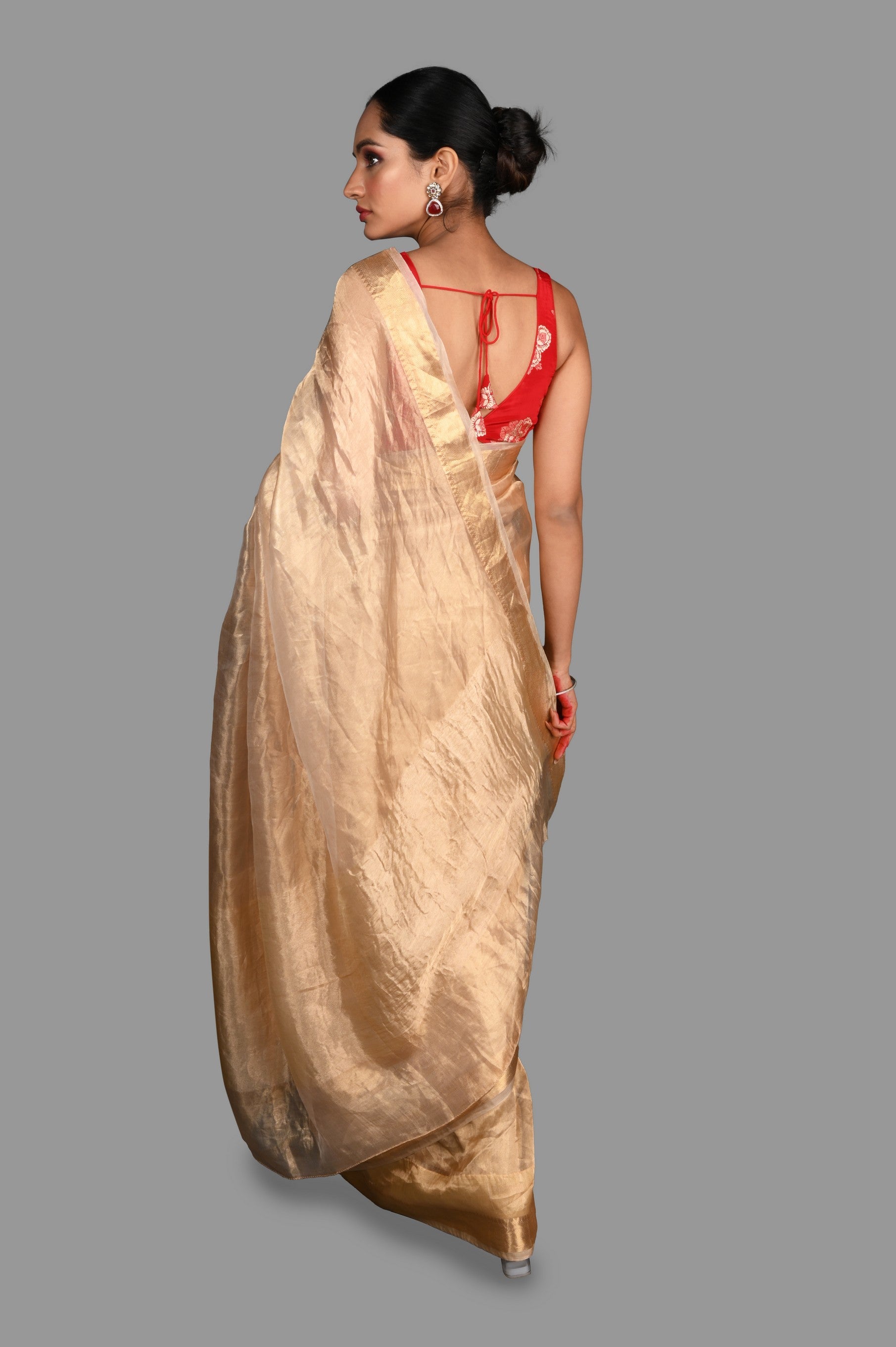 Golden Plain Pure Tissue Silk Banarasi Handloom Saree