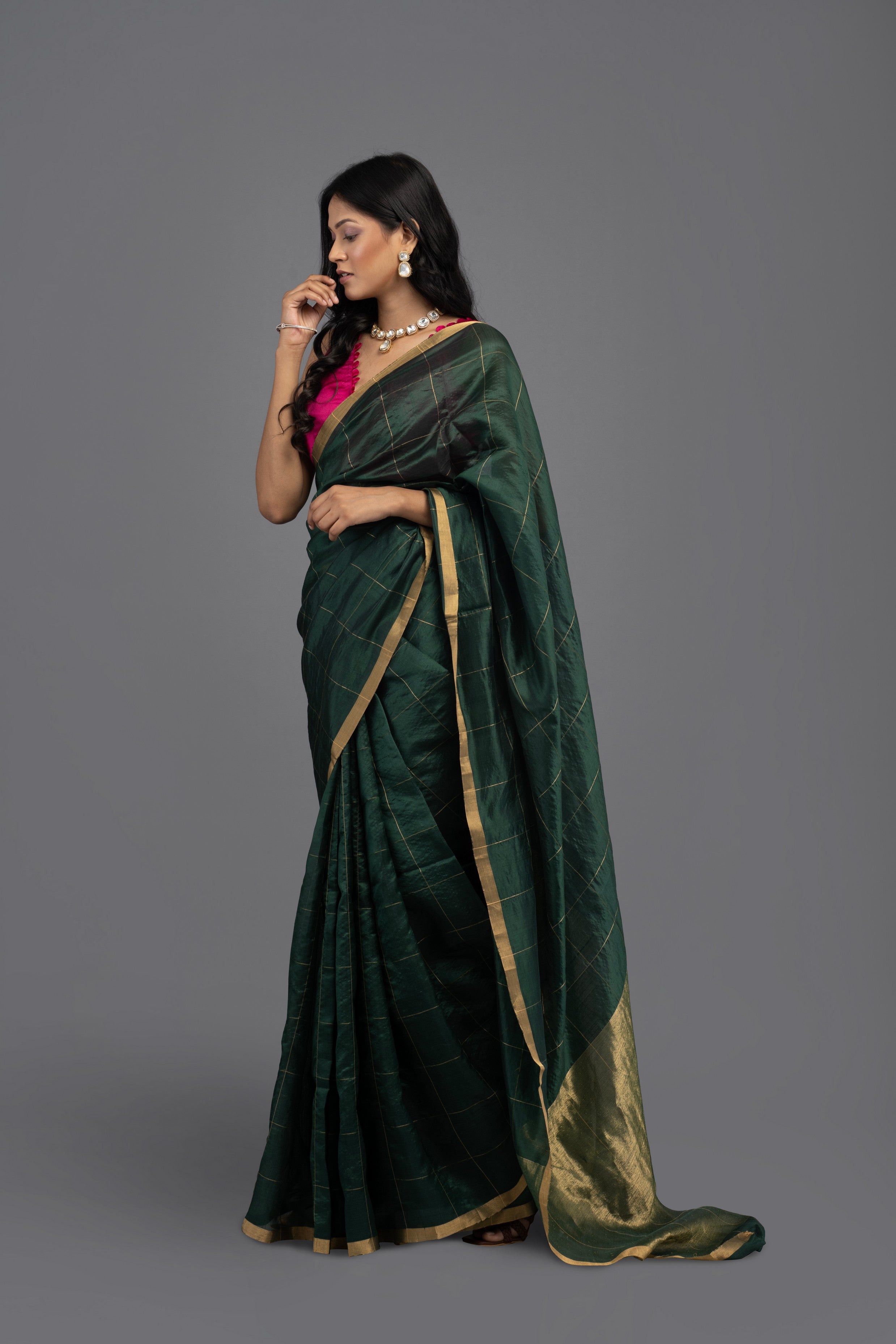 Bottle Green Pure Chanderi handloom Saree