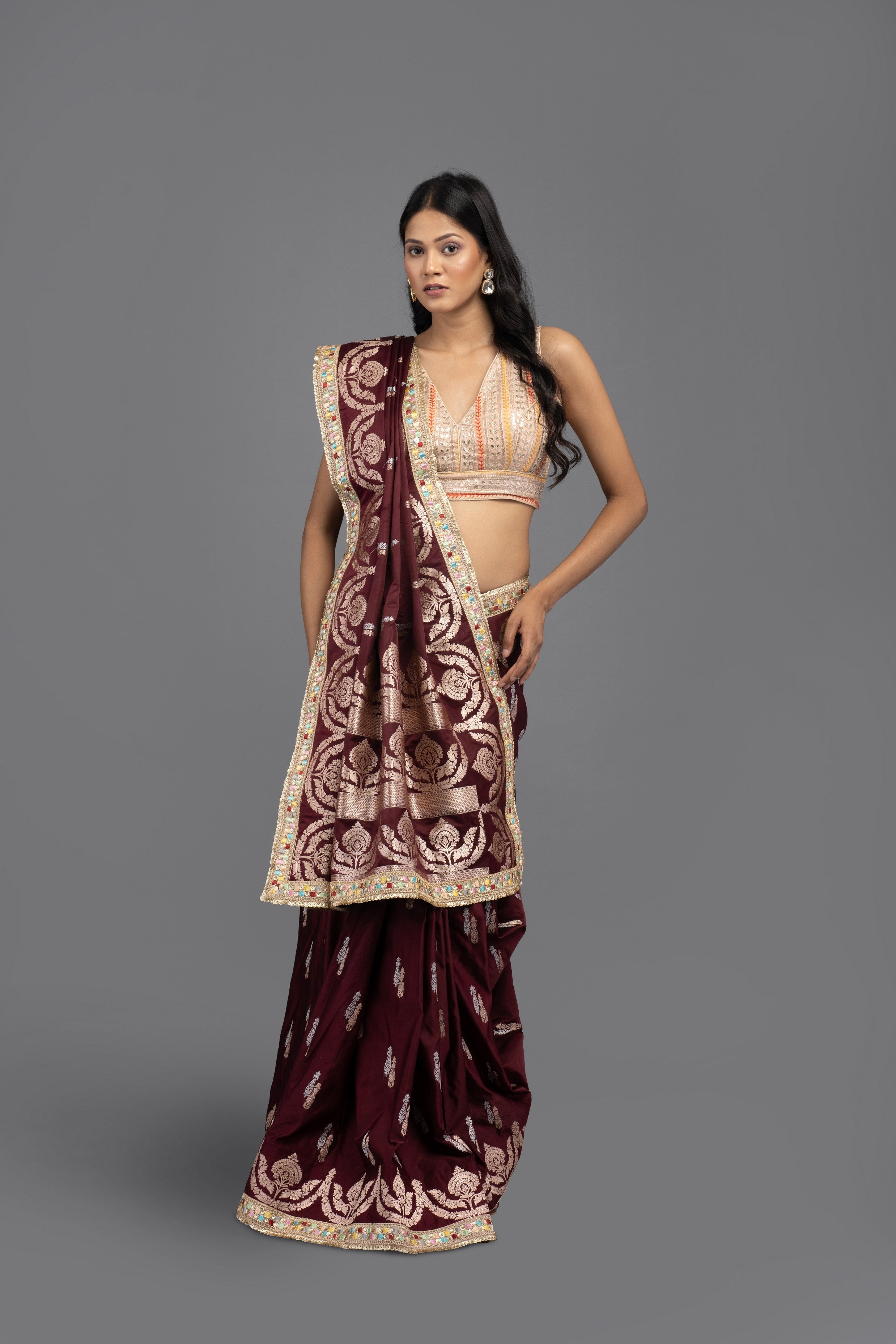 Wine Cutwork Pure Silk Banarasi Handloom Saree