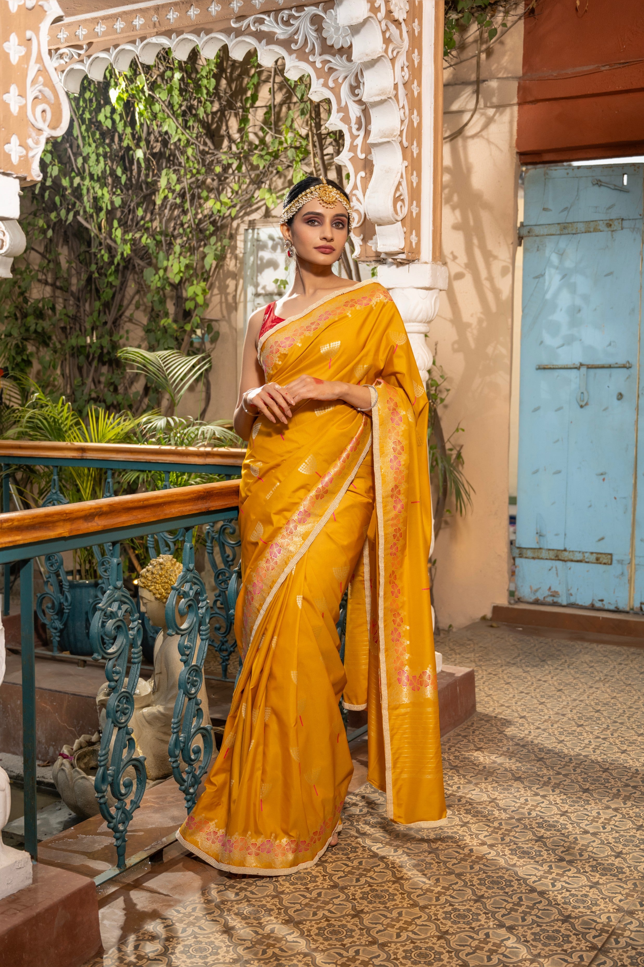 Mustard Yellow Pure Silk Banarasi Handloom Saree with Pearl work