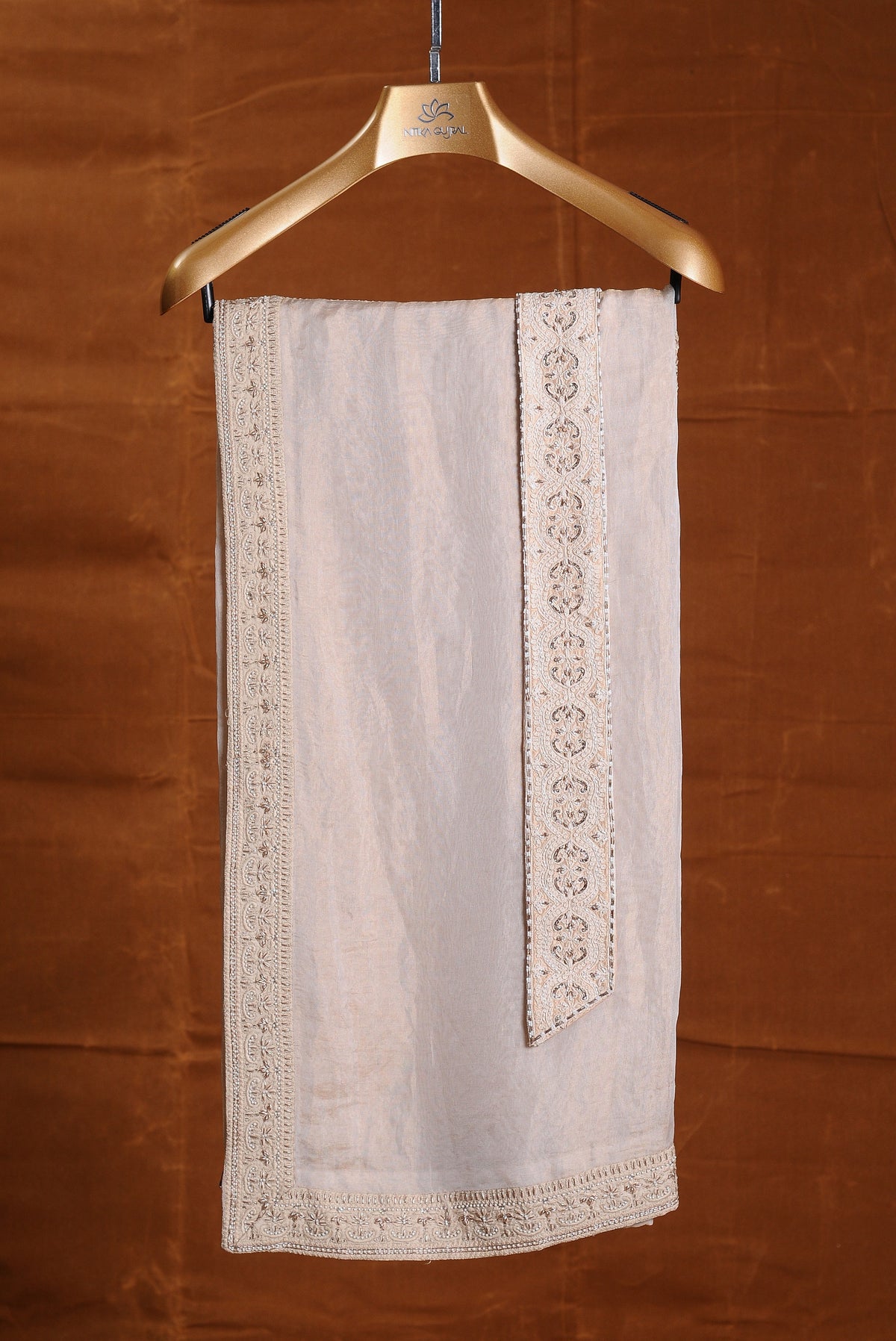 LIGHT BEIGE RAW SILK EMBROIDERED SHERWANI WITH MONGA TUSSAR KURTA AND CHURIDAR