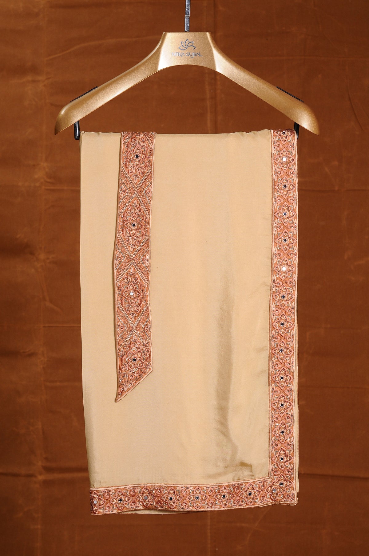 RUST MATKA SILK EMBROIDERED SHERWANI WITH BEIGE MONGA TUSSAAR KURTA CHURIDAR