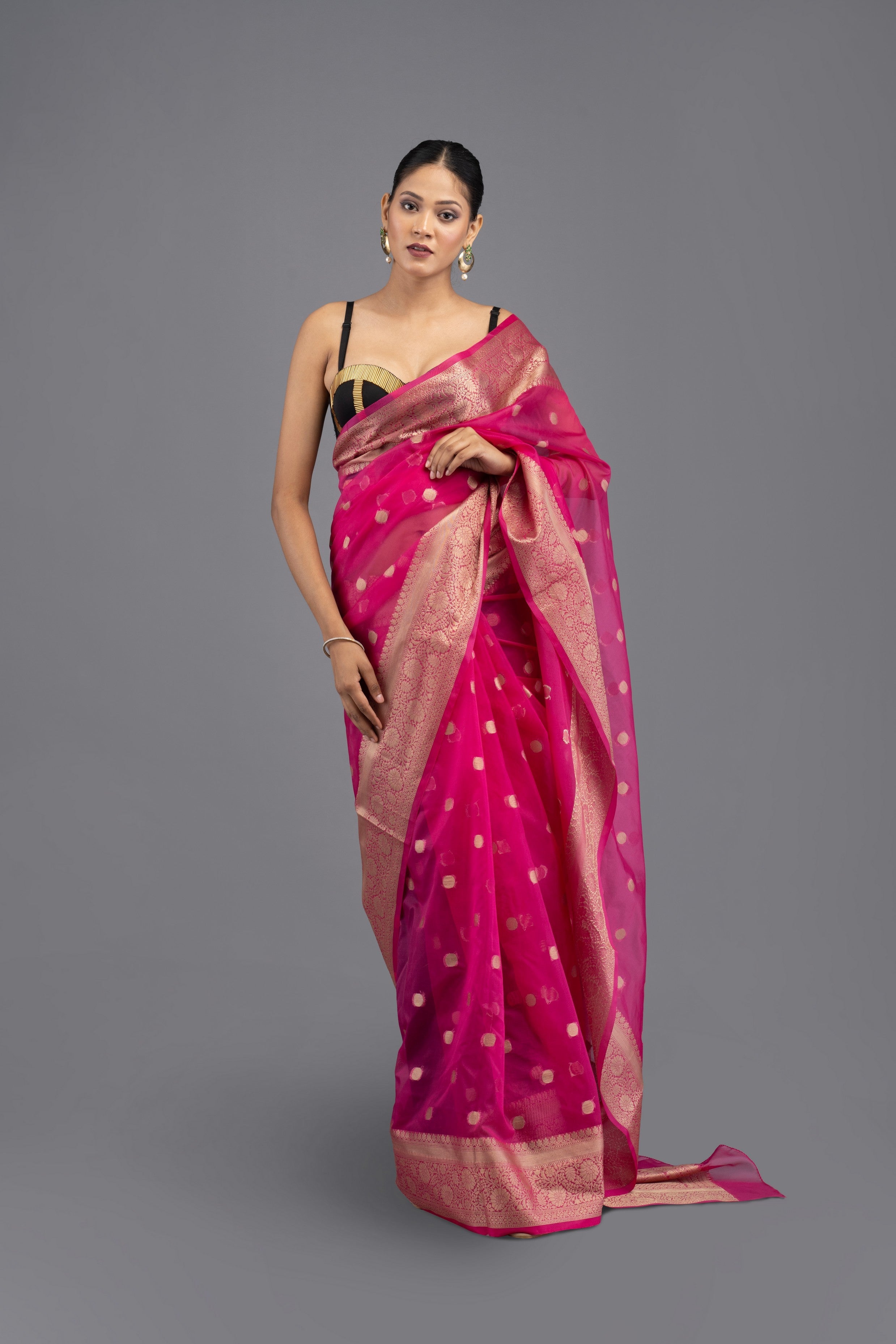 Hot Pink Kora Silk Banarasi Handloom Saree