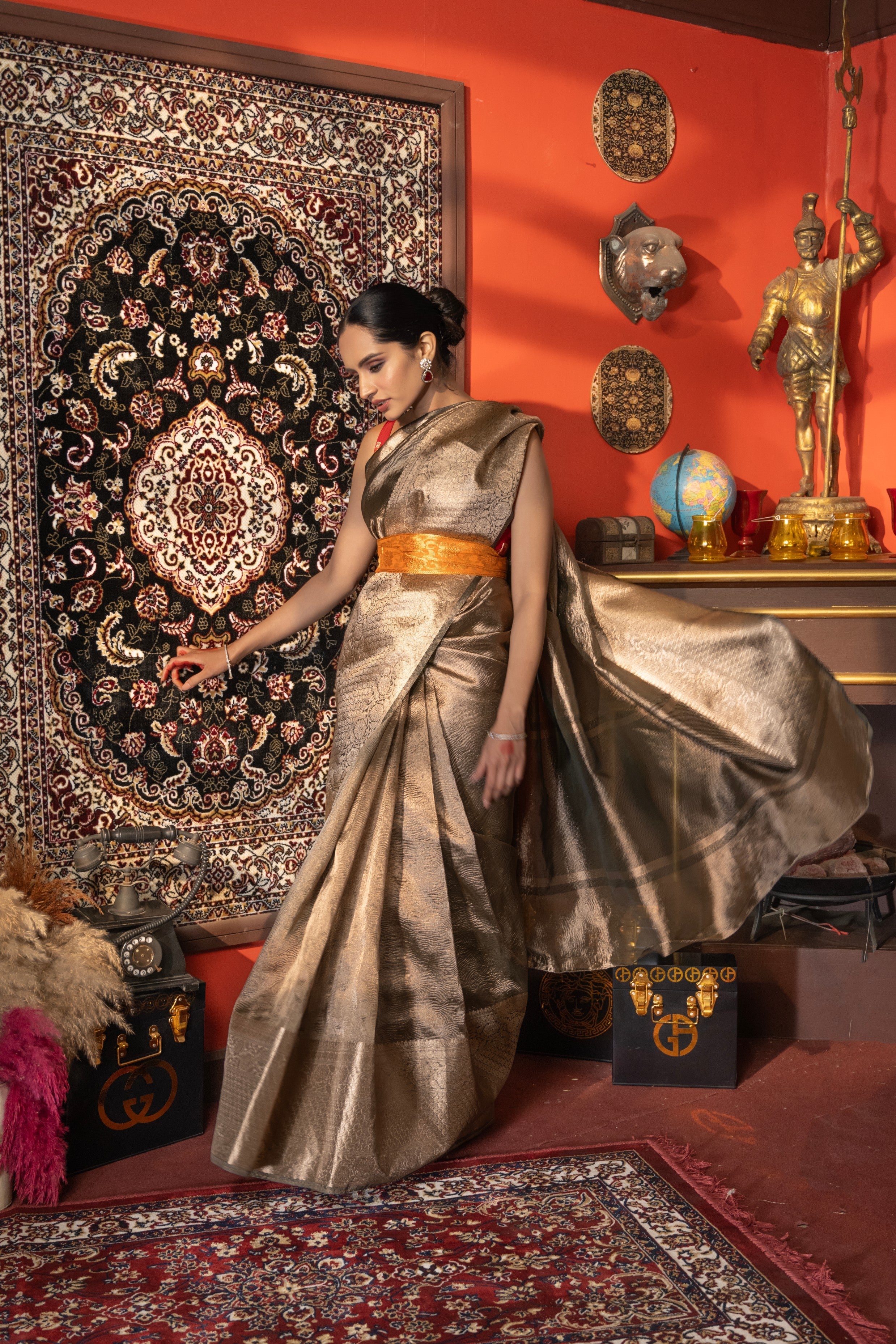 Grey Crushed Tissue Silk Banarasi handloom Saree