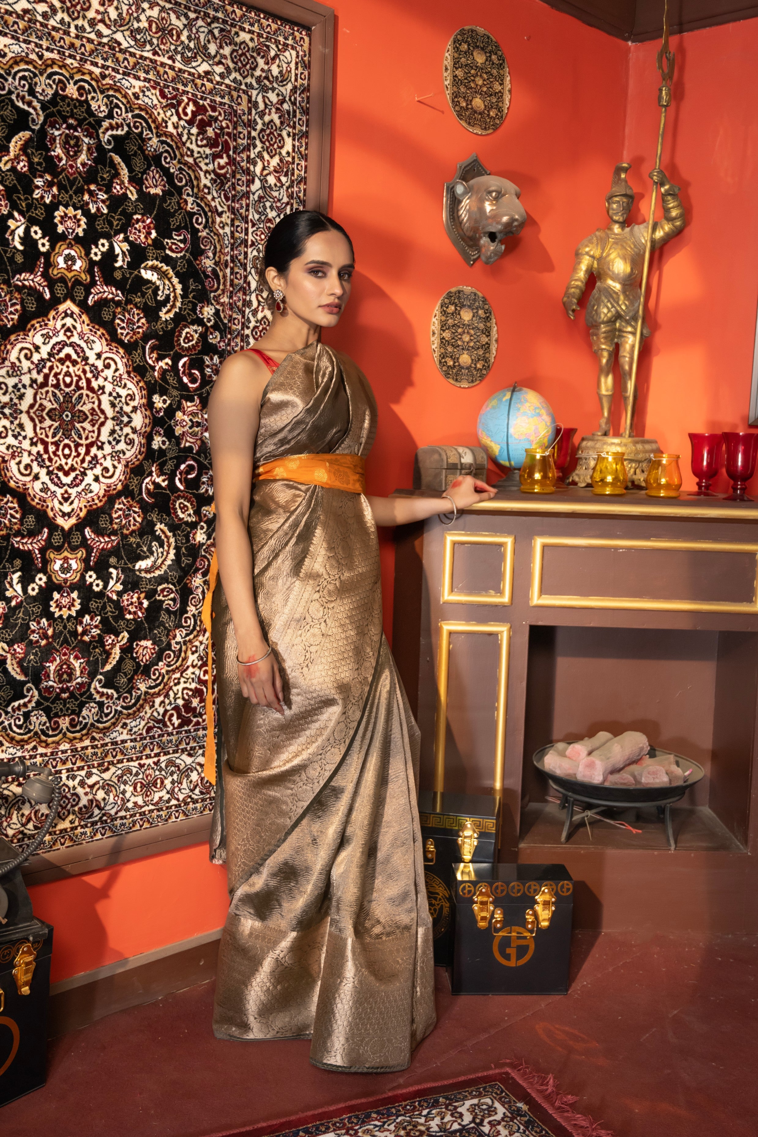 Grey Crushed Tissue Silk Banarasi handloom Saree