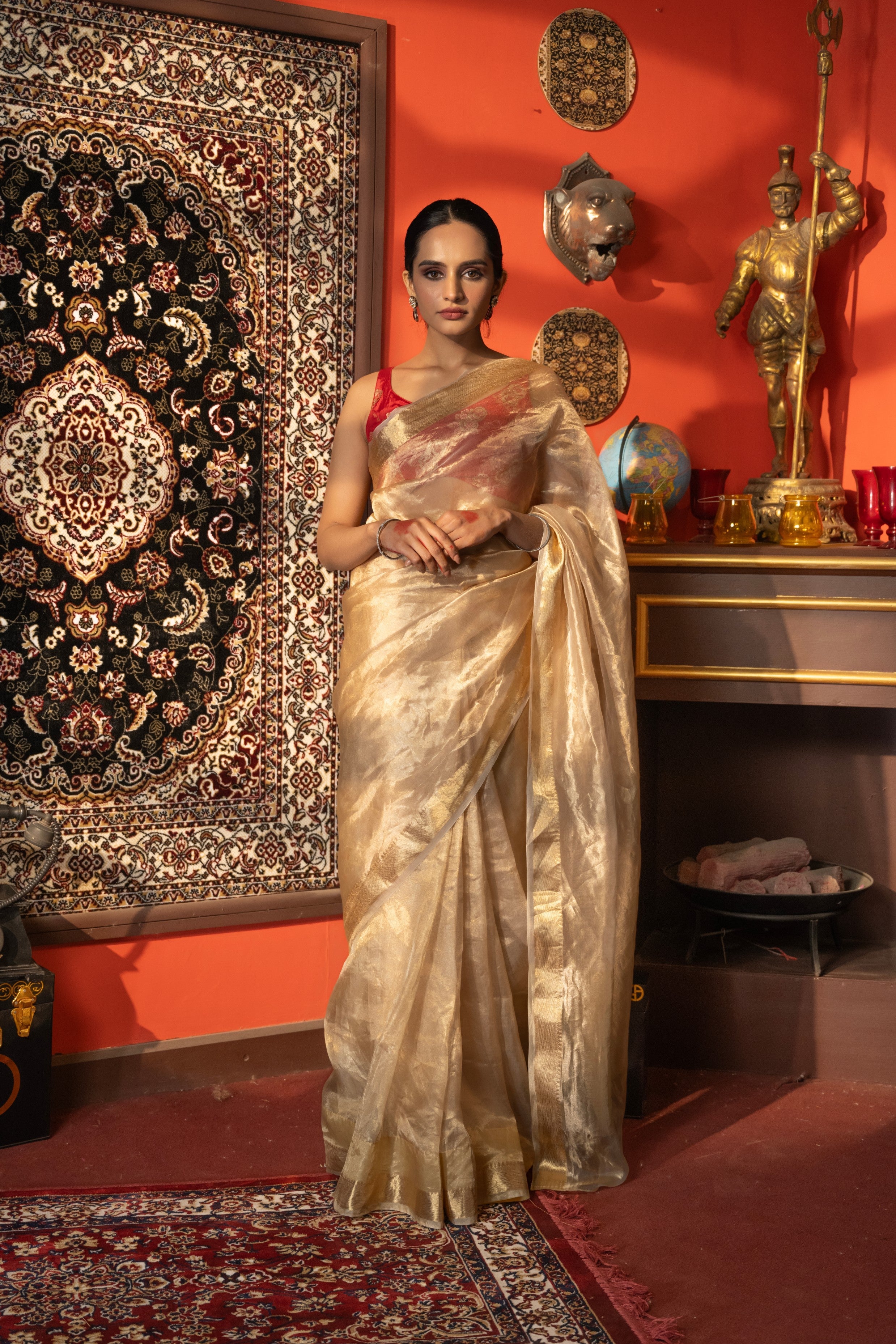 Golden Plain Pure Tissue Silk Banarasi Handloom Saree