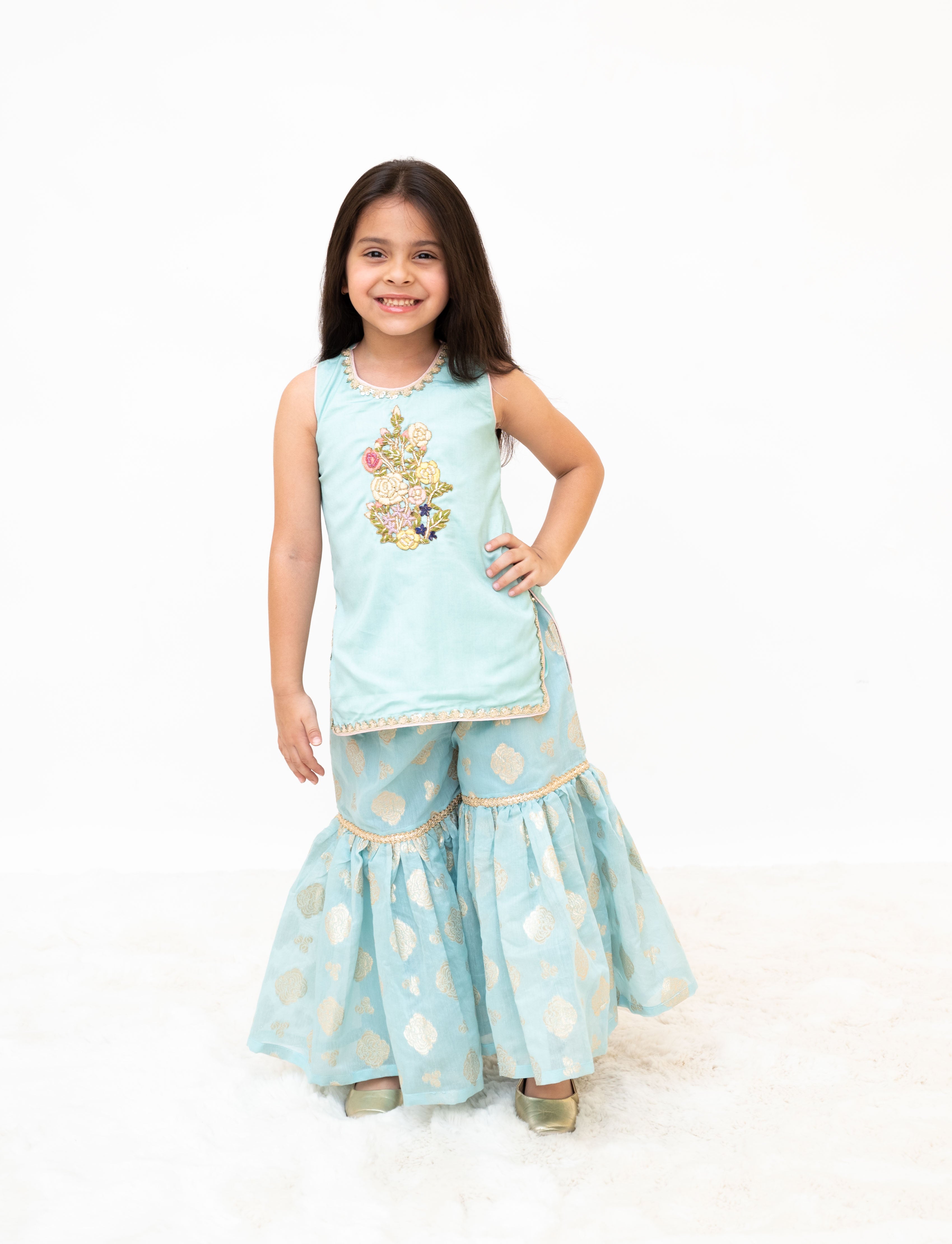 Blue Embroidered Kurti Sharara Set