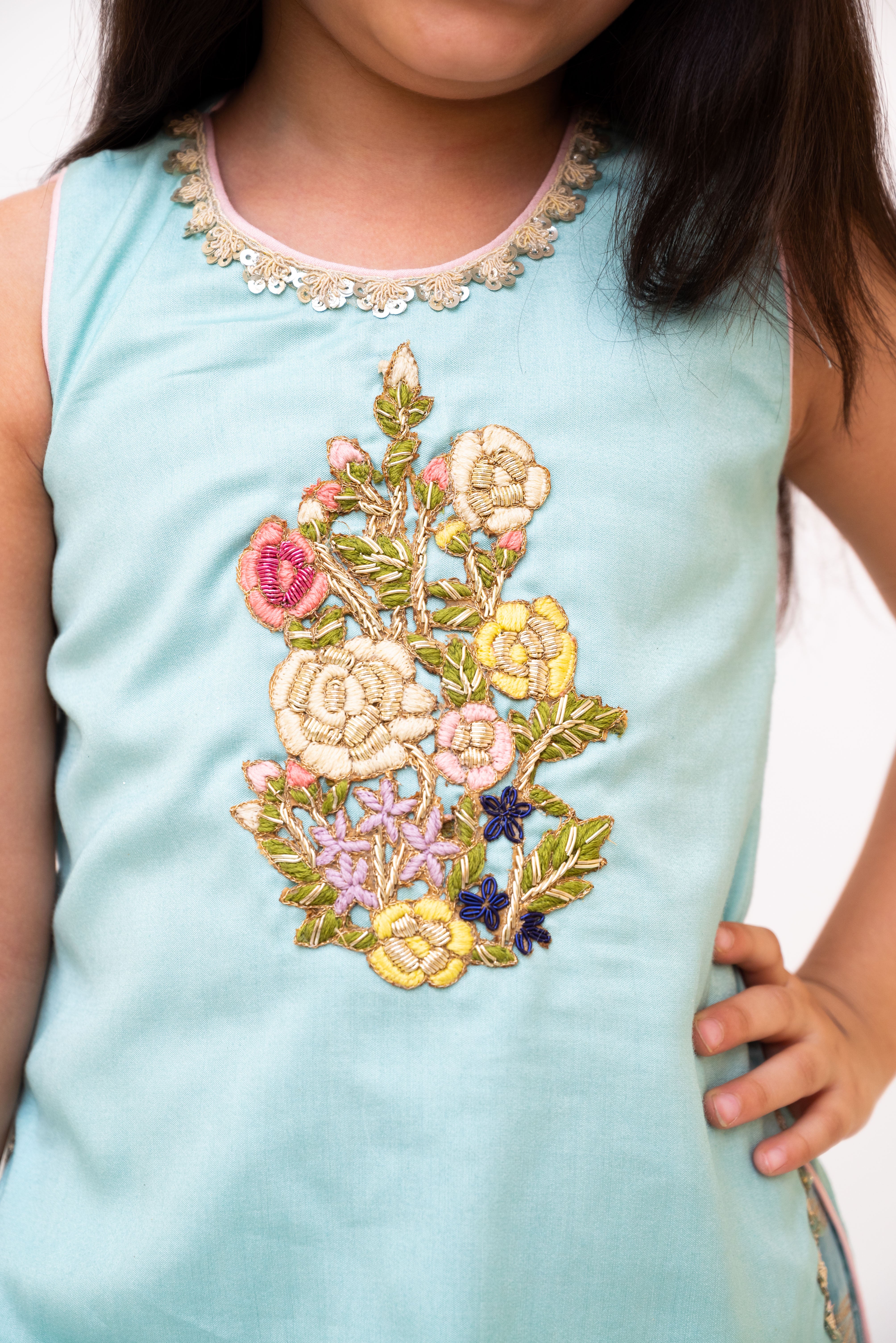 Blue Embroidered Kurti Sharara Set