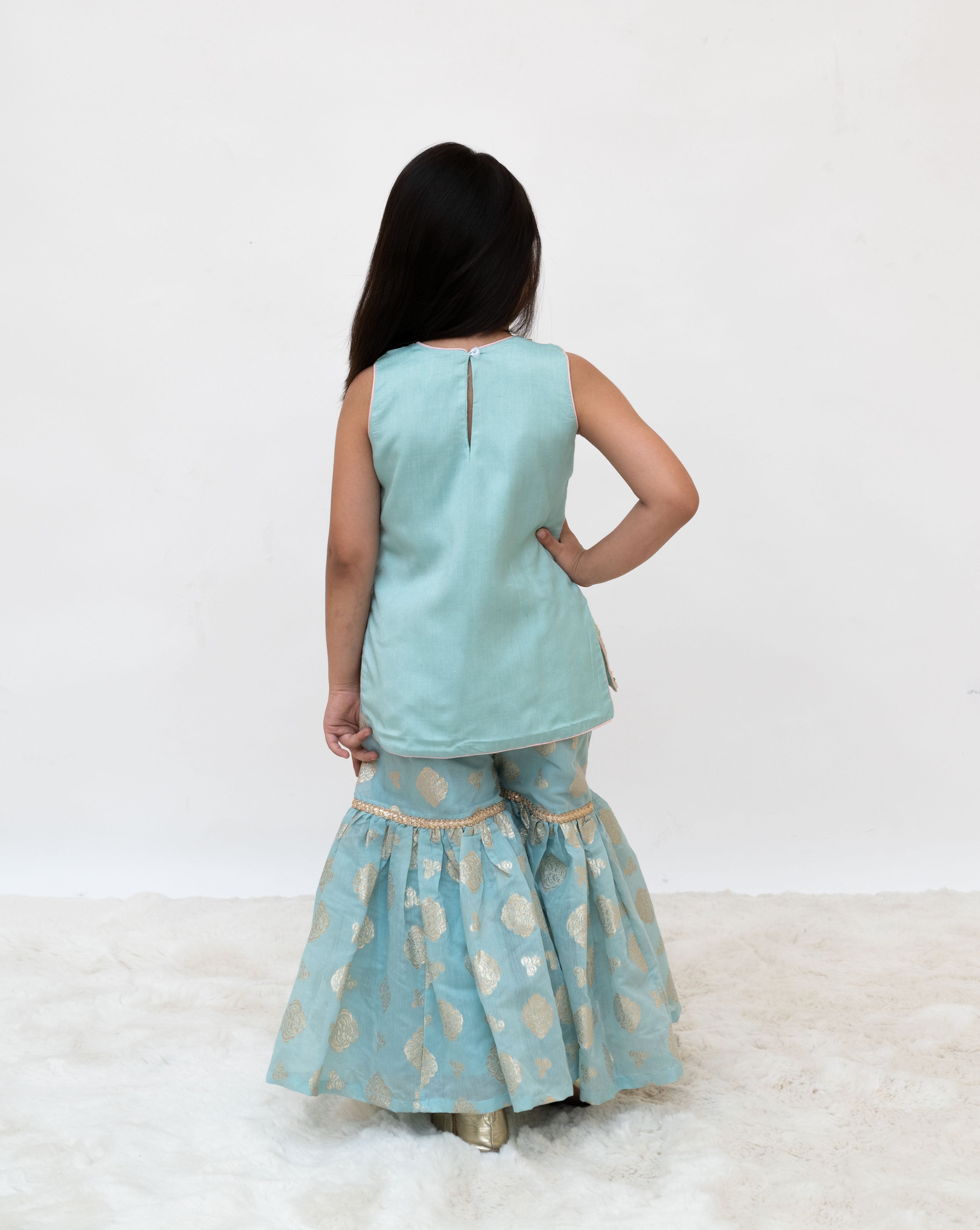 Blue Embroidered Kurti Sharara Set