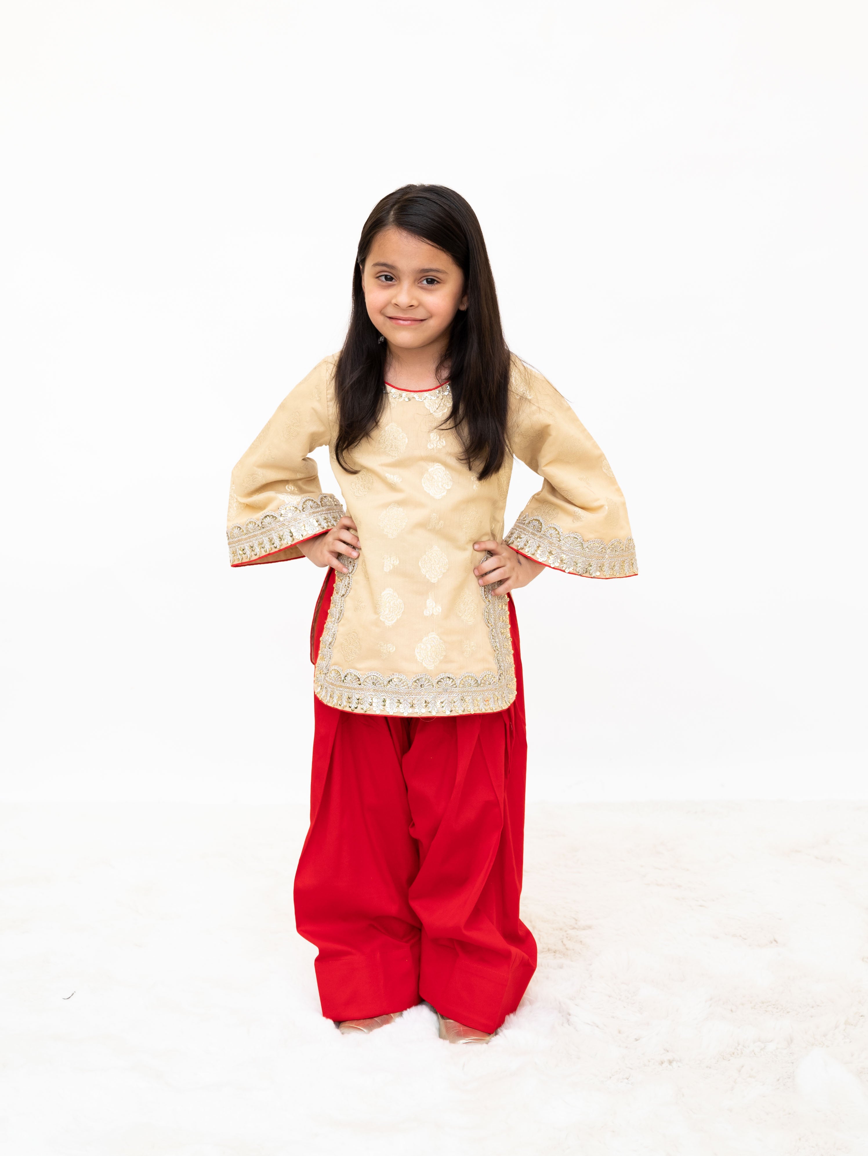 Golden Brocade Kurti with Red Salwar