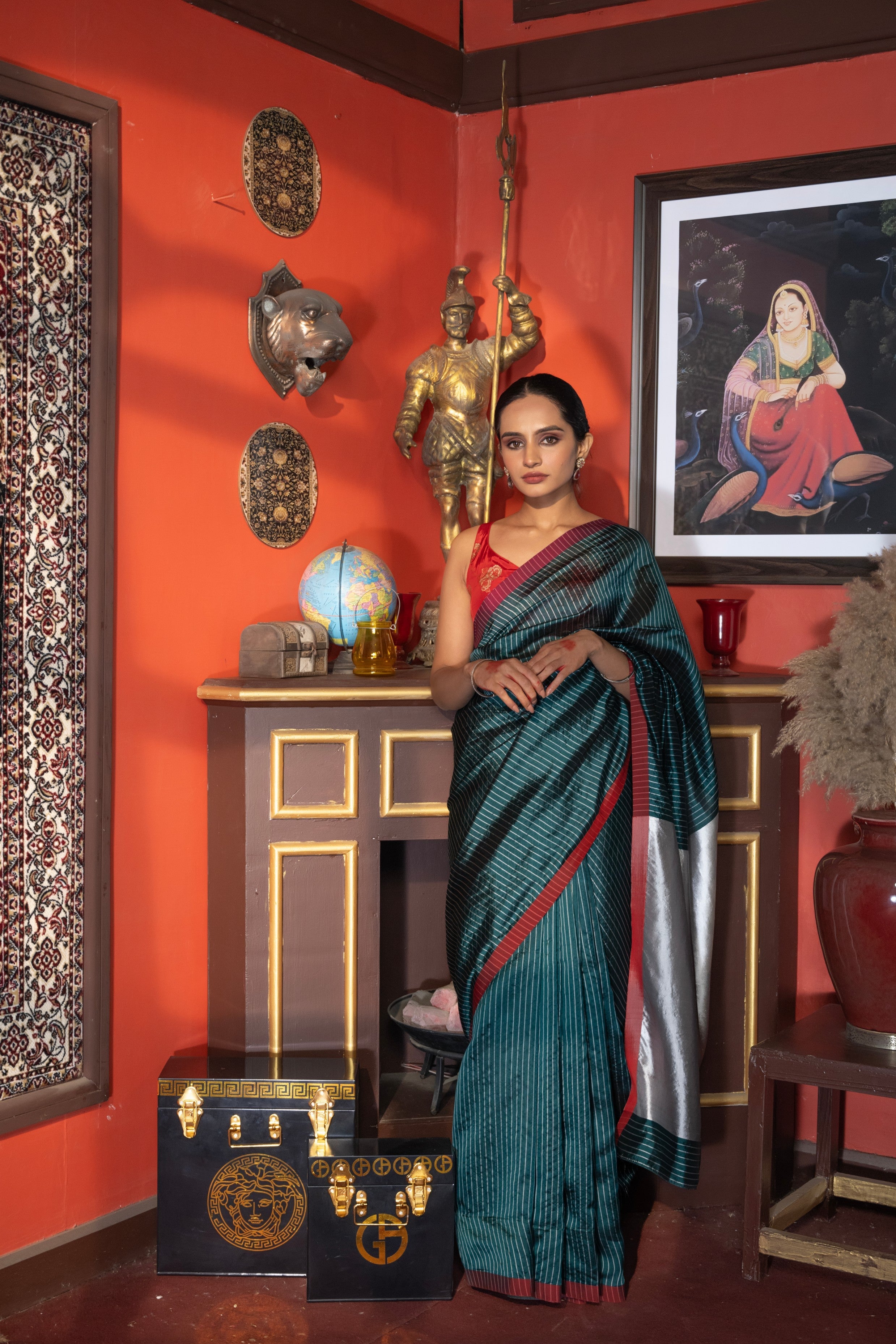 Silver-Bottle Green toned Pure Chanderi Silk Saree