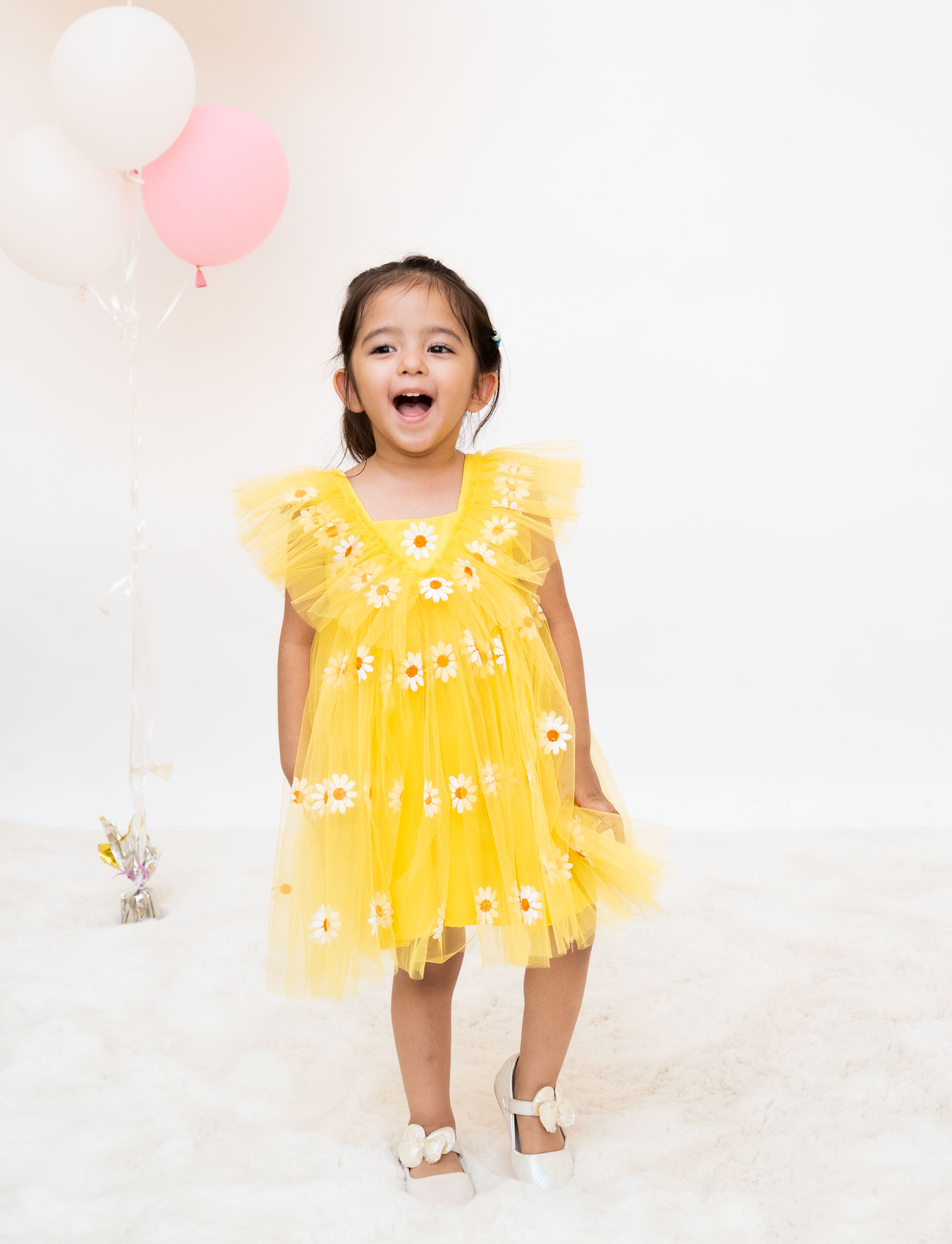 Yellow Floral Embroidered Net Dress