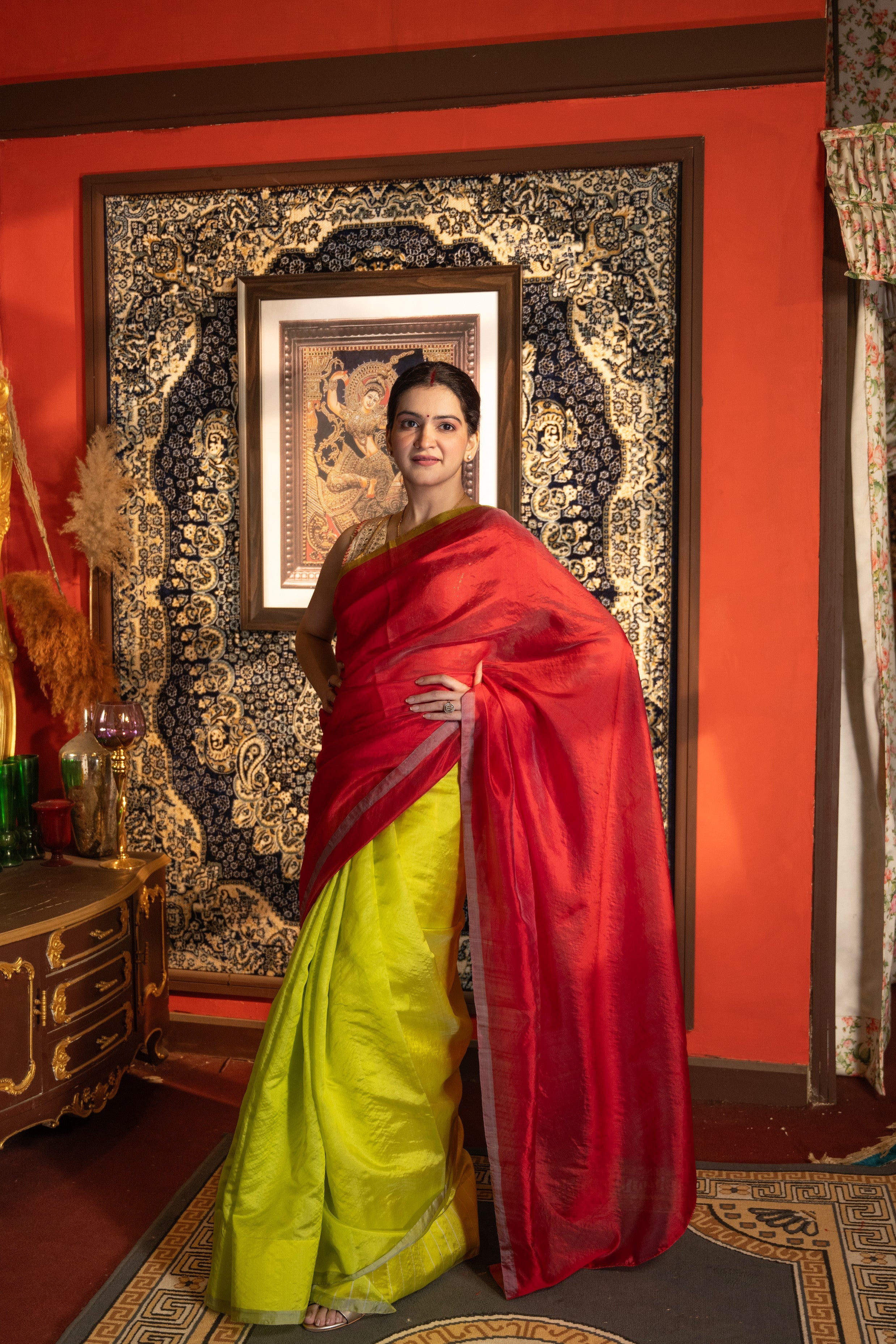 Neon Green-Pink Pure Chanderi Silk saree