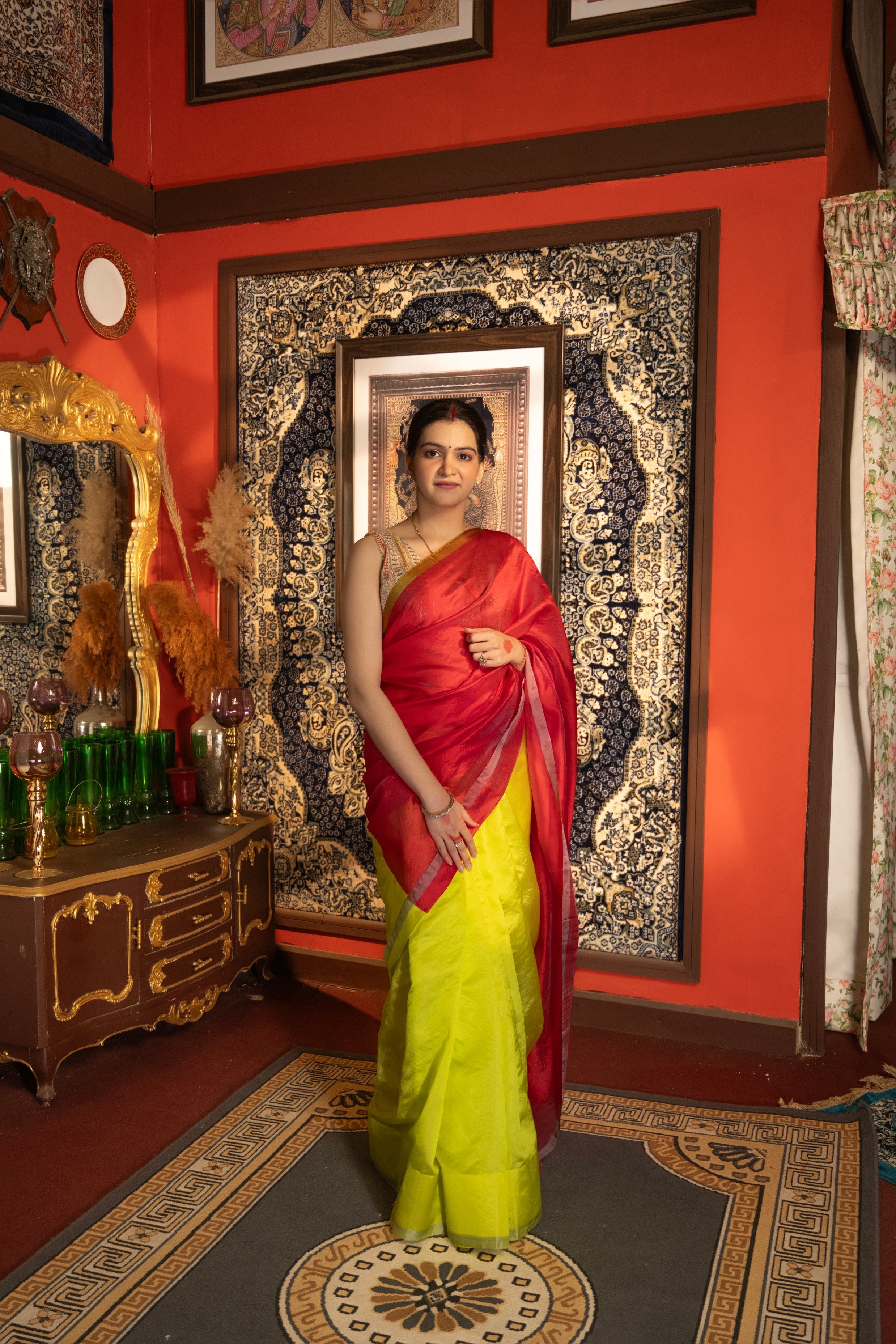 Neon Green-Pink Pure Chanderi Silk saree