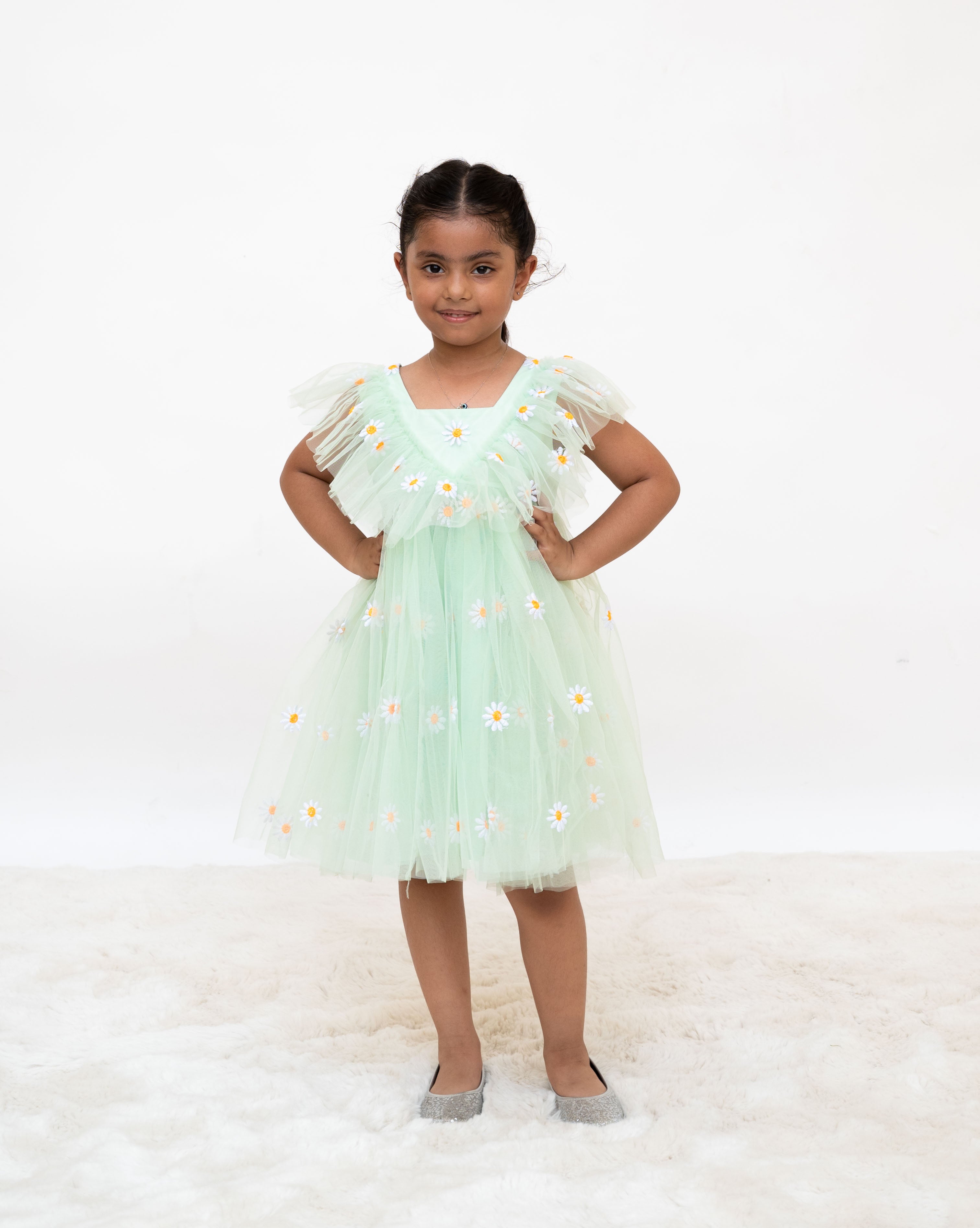 Green Floral Embroidered Net Dress