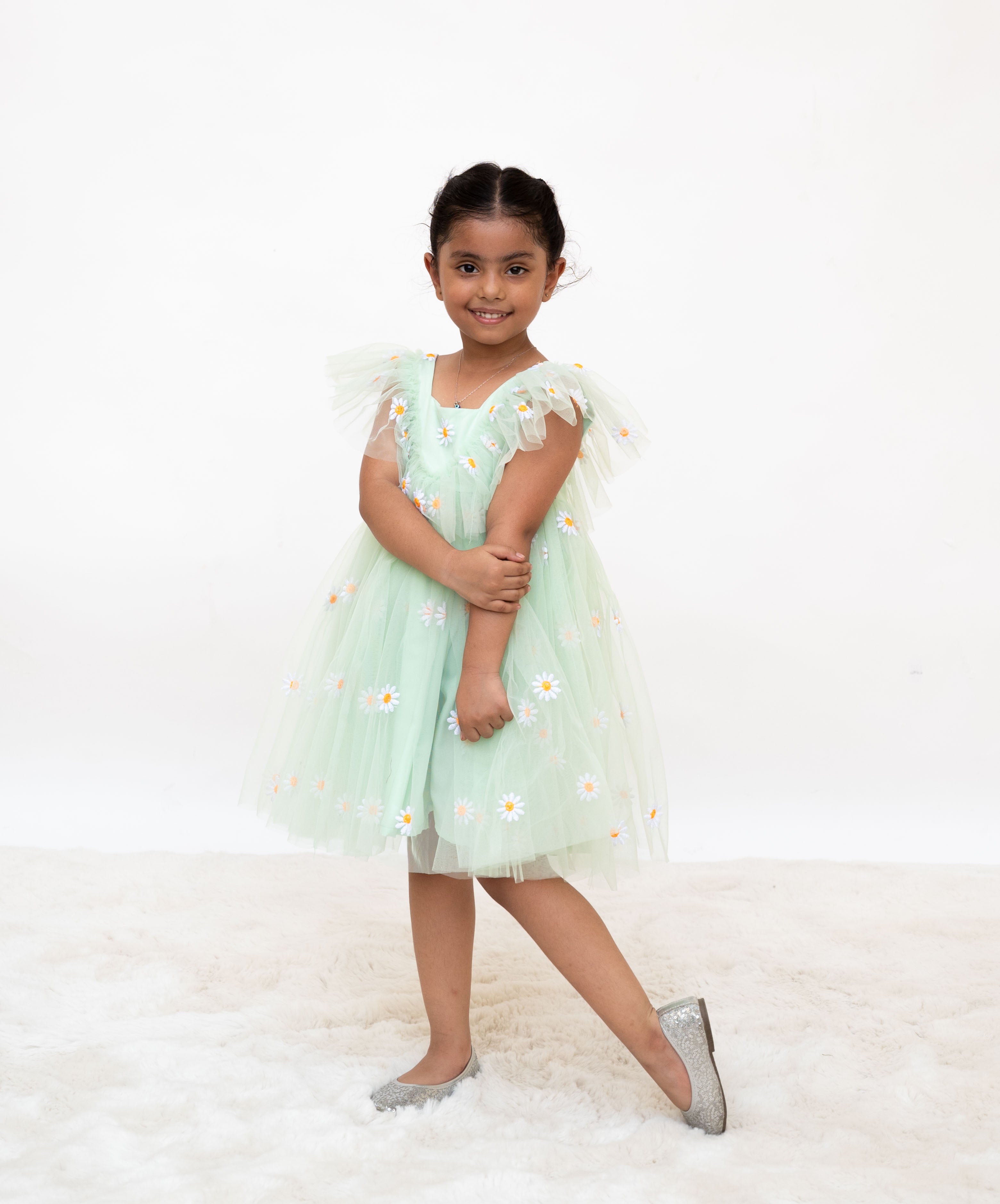 Green Floral Embroidered Net Dress