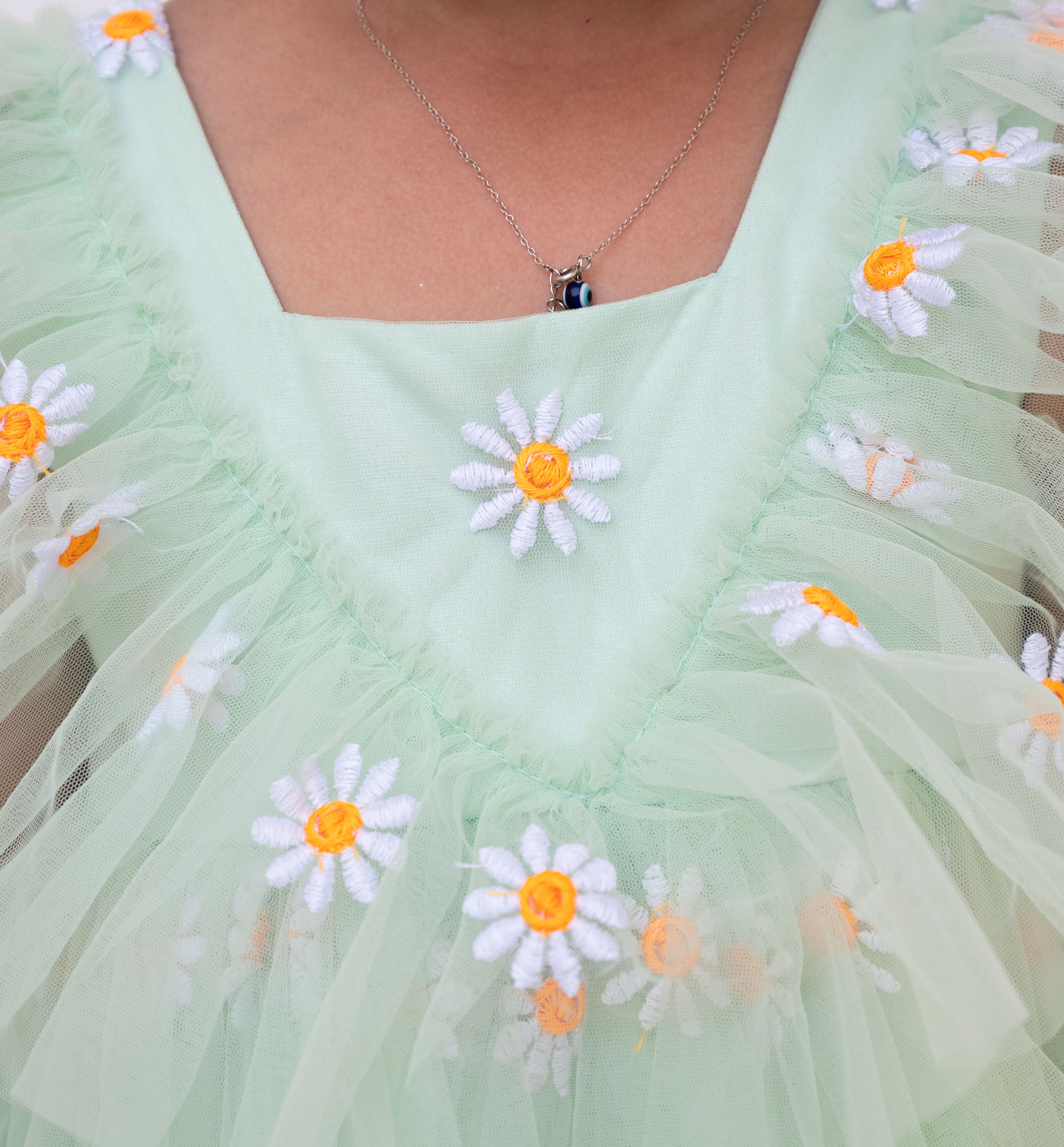 Green Floral Embroidered Net Dress
