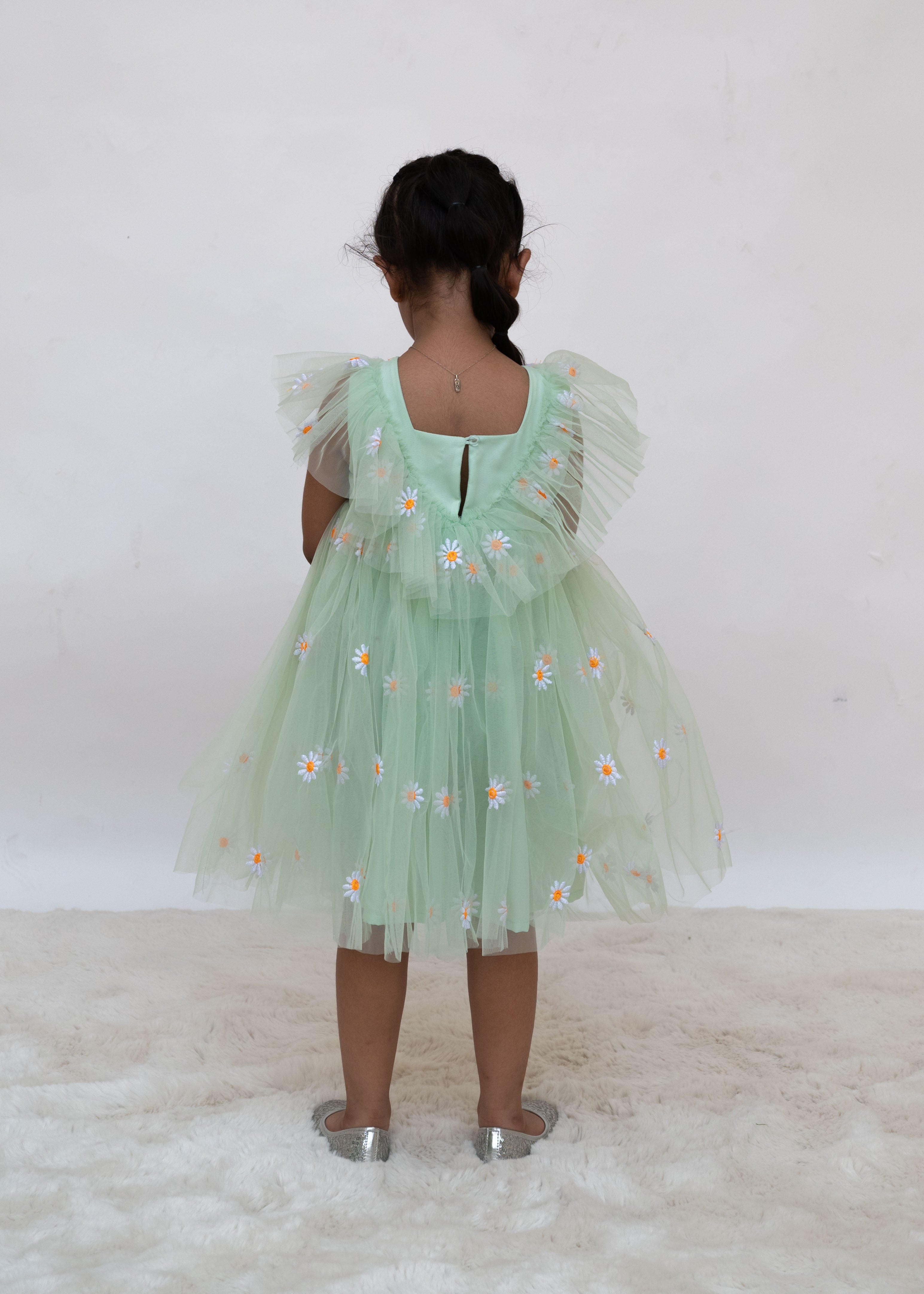 Green Floral Embroidered Net Dress