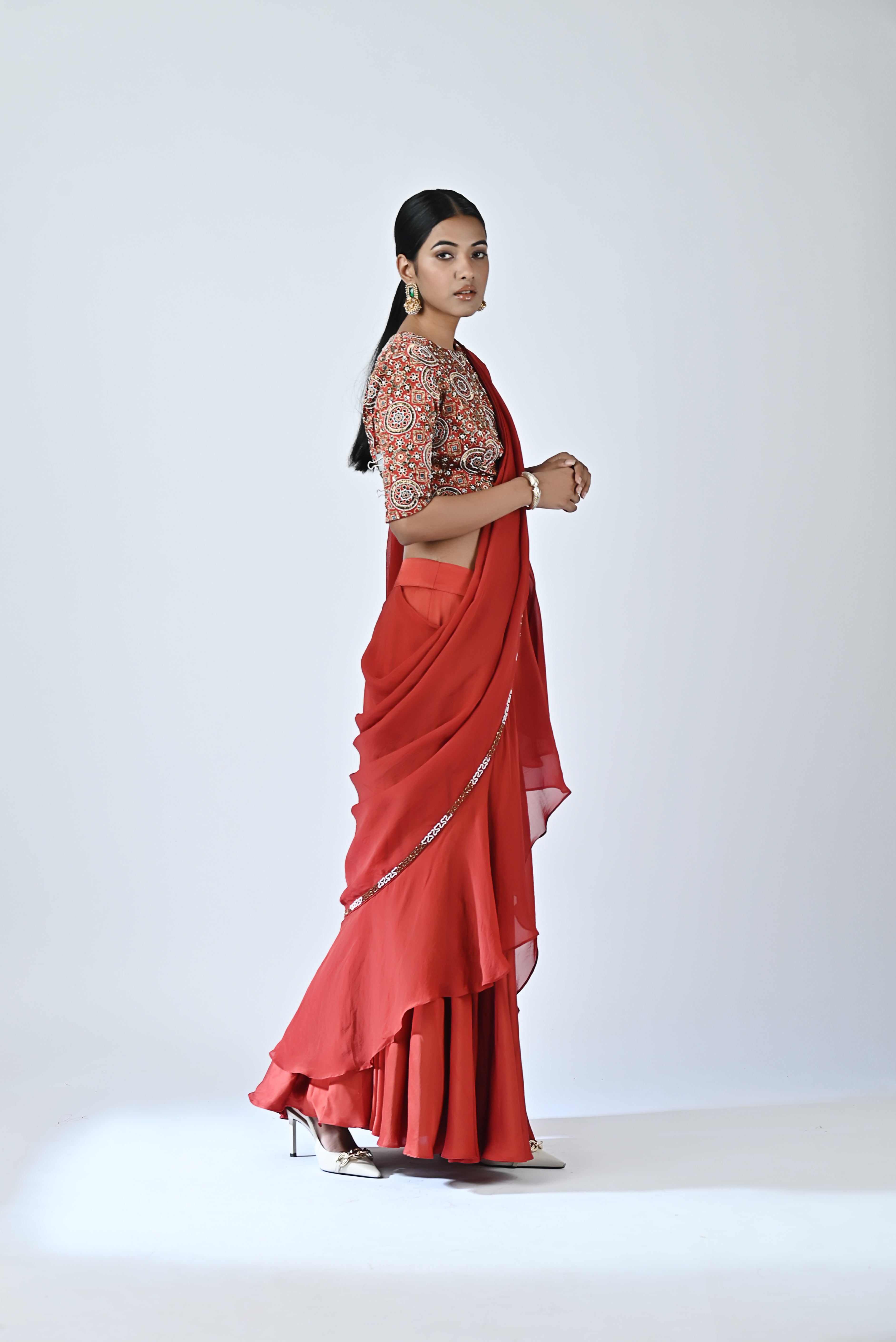 Ajrakh embroidered ruffle saree