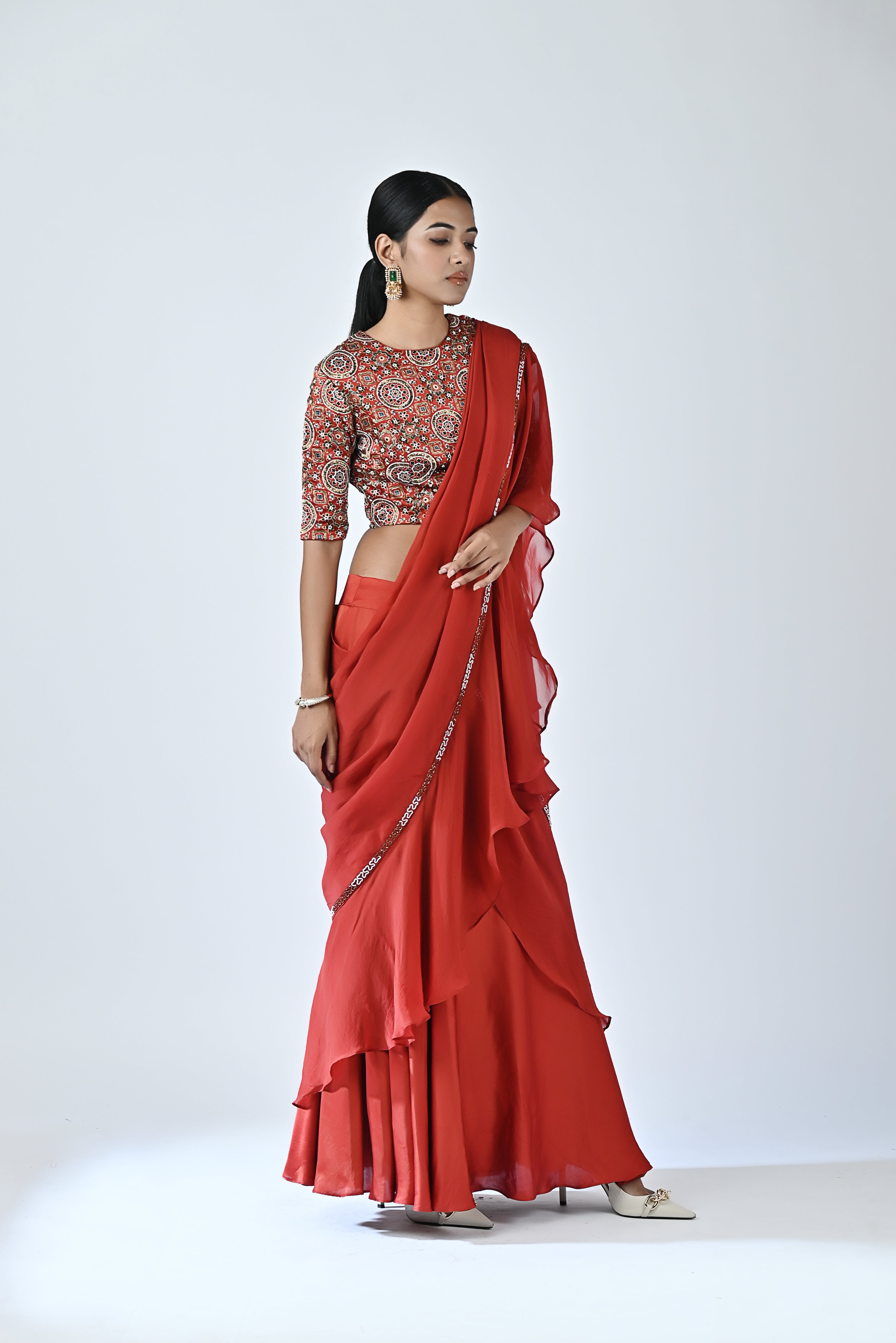 Ajrakh embroidered ruffle saree