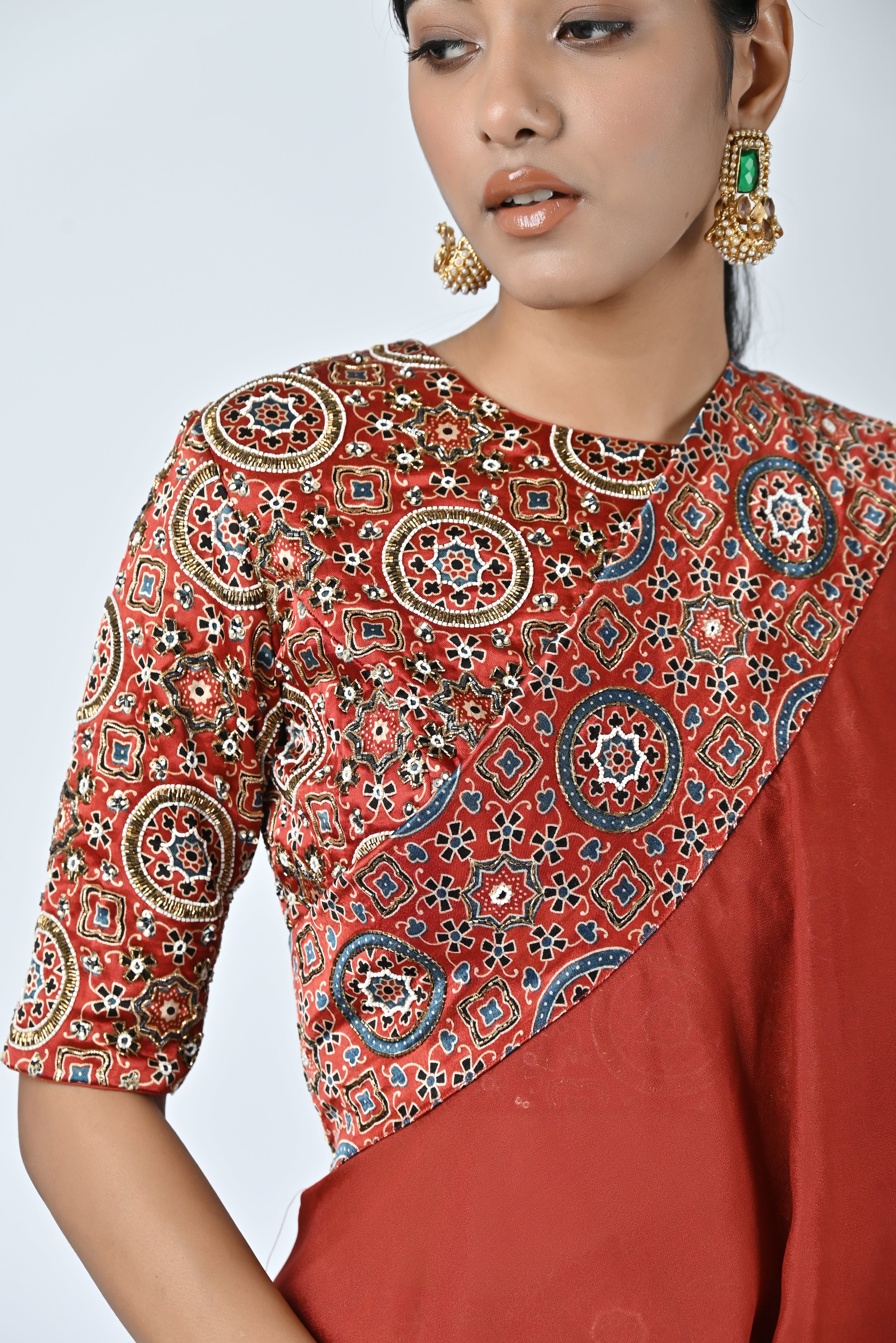 Red ajrakh embellished blouse dupatta set