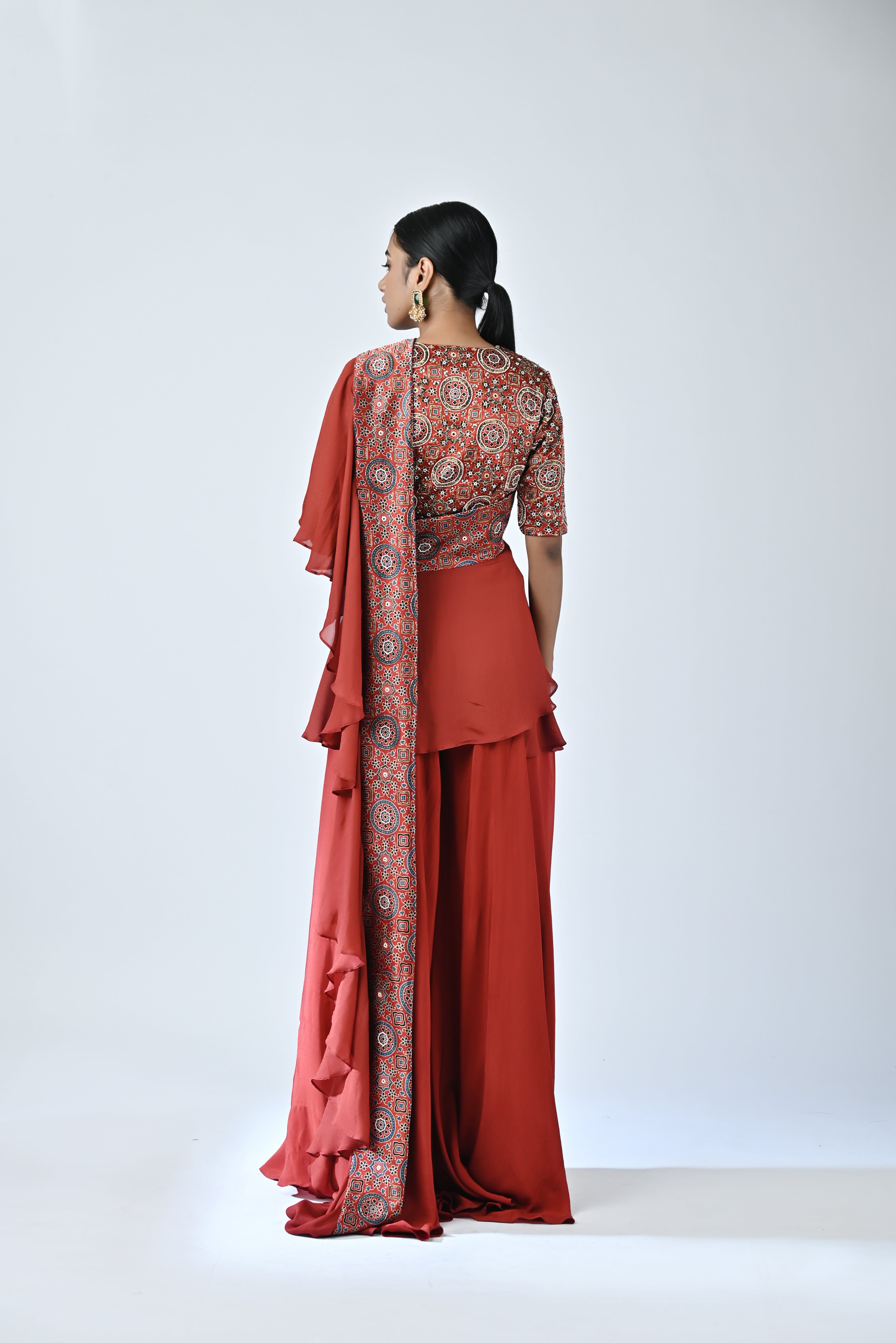 Red ajrakh embellished blouse dupatta set