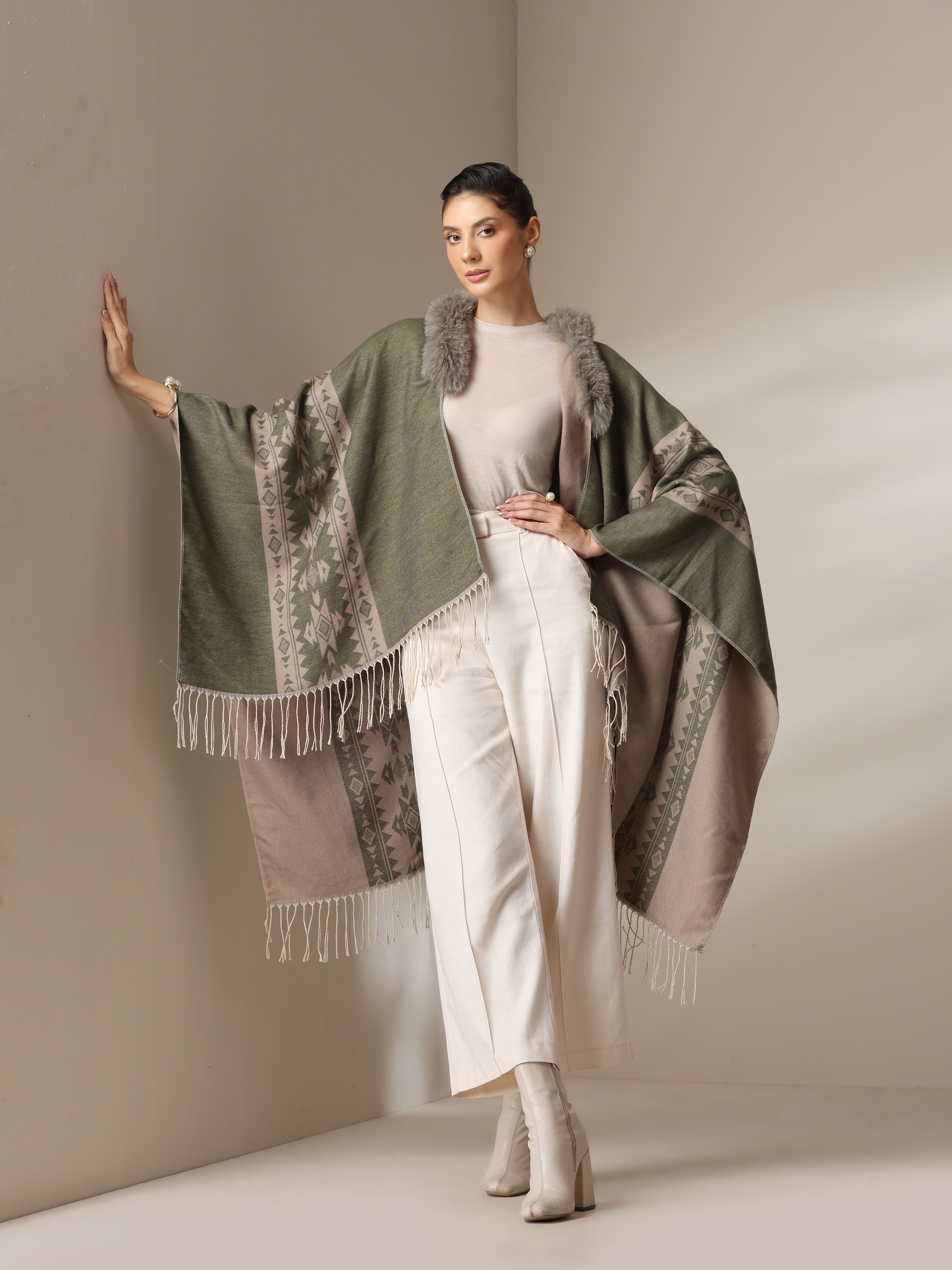 Dusala Olive Mist Vegan Fur Cape