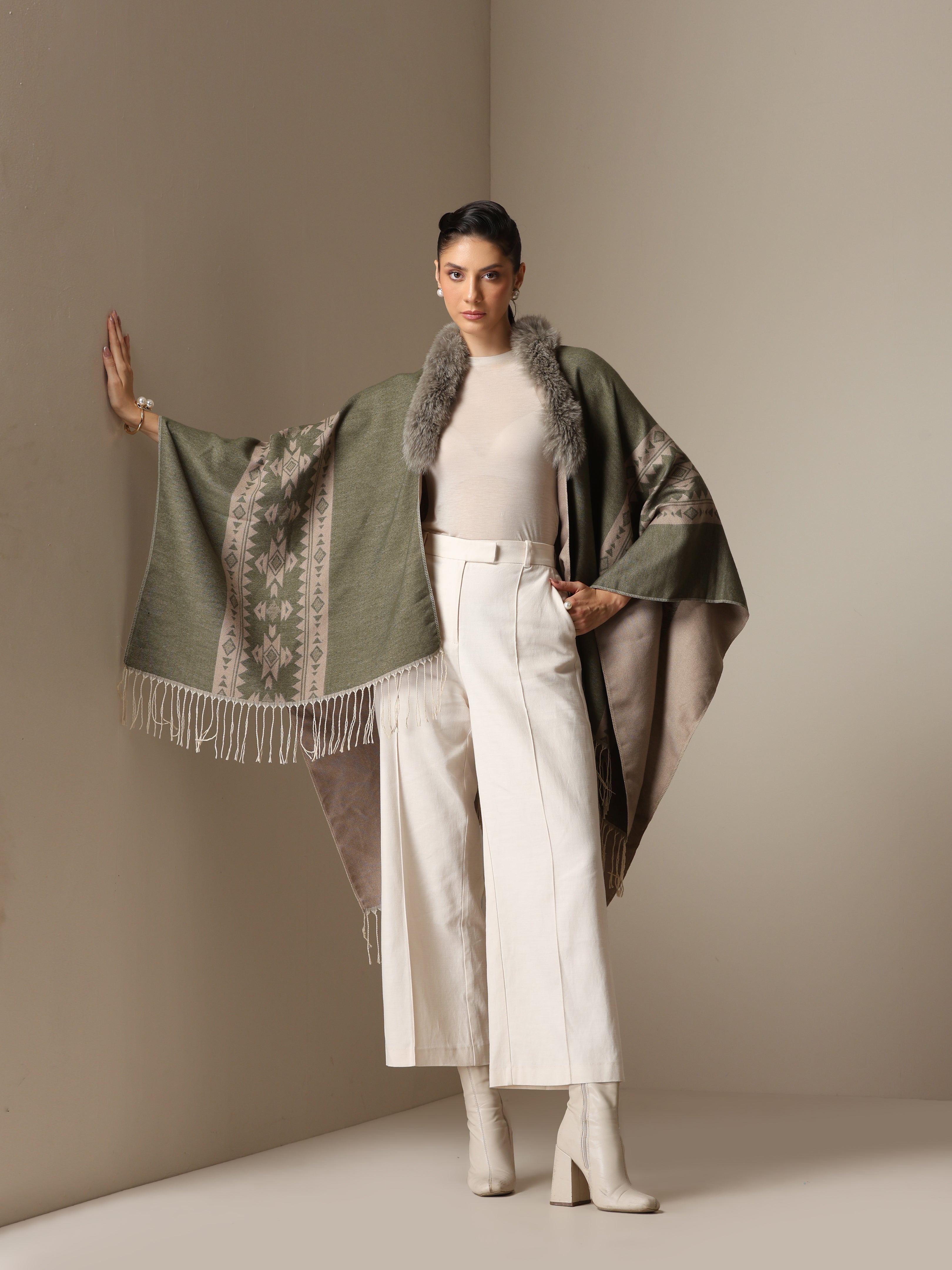 Dusala Olive Mist Vegan Fur Cape