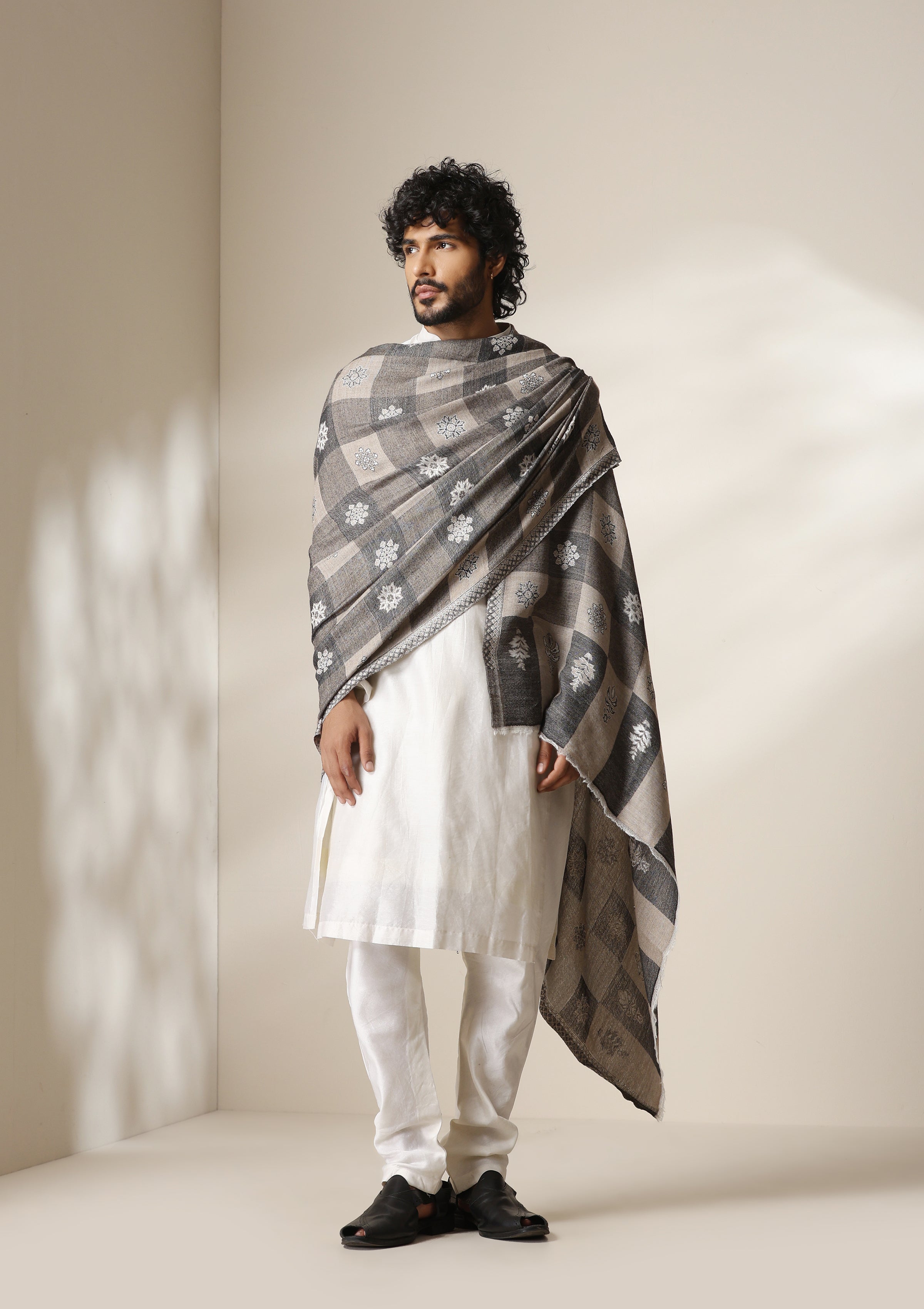 Dusala Grey Heritage Kani Check Shawl